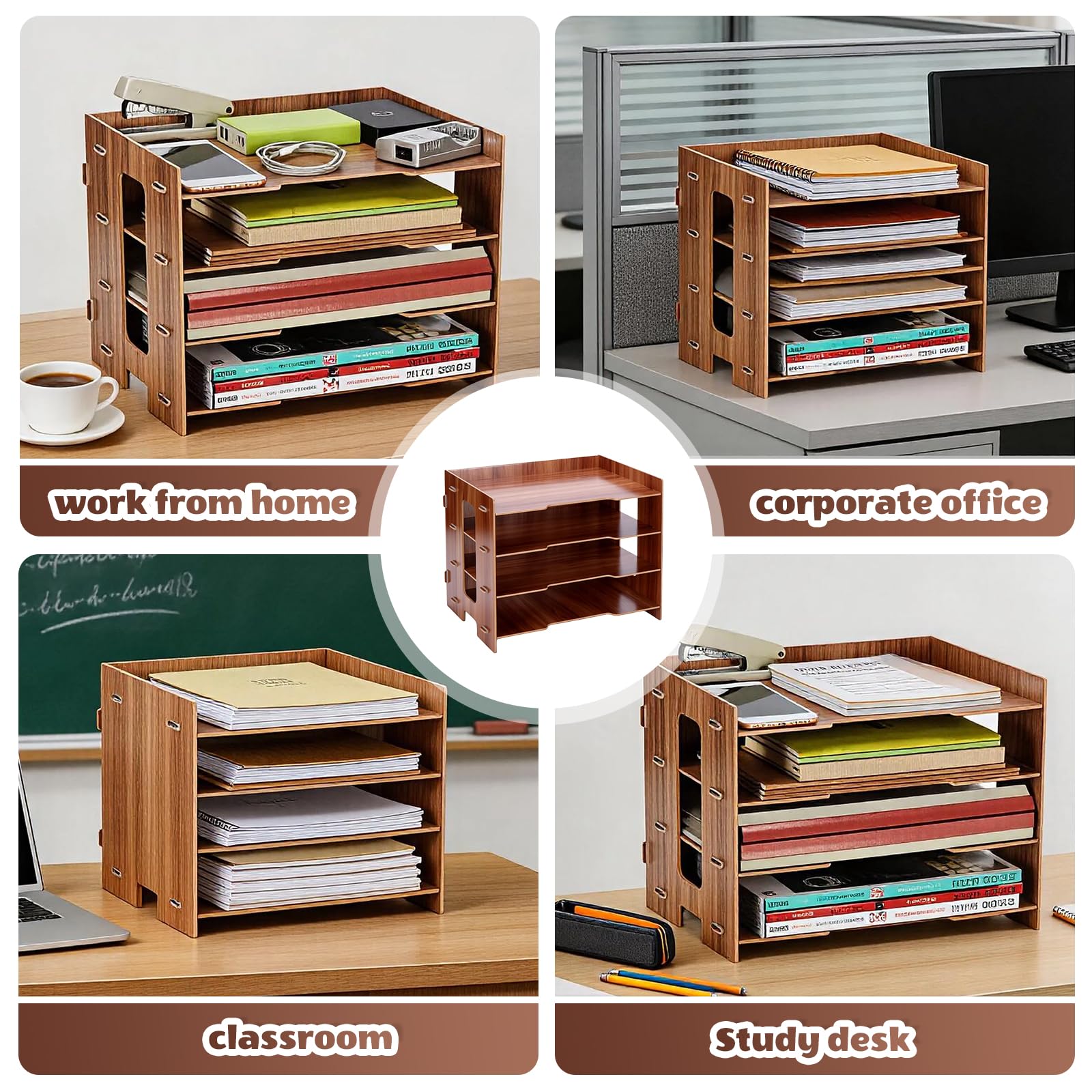 Bandeja de madera para cartas A4, 4 niveles, de madera de Sakura, organizador de escritorio con compartimentos estables, para oficina y hogar, 33 x 24 x 27 cm