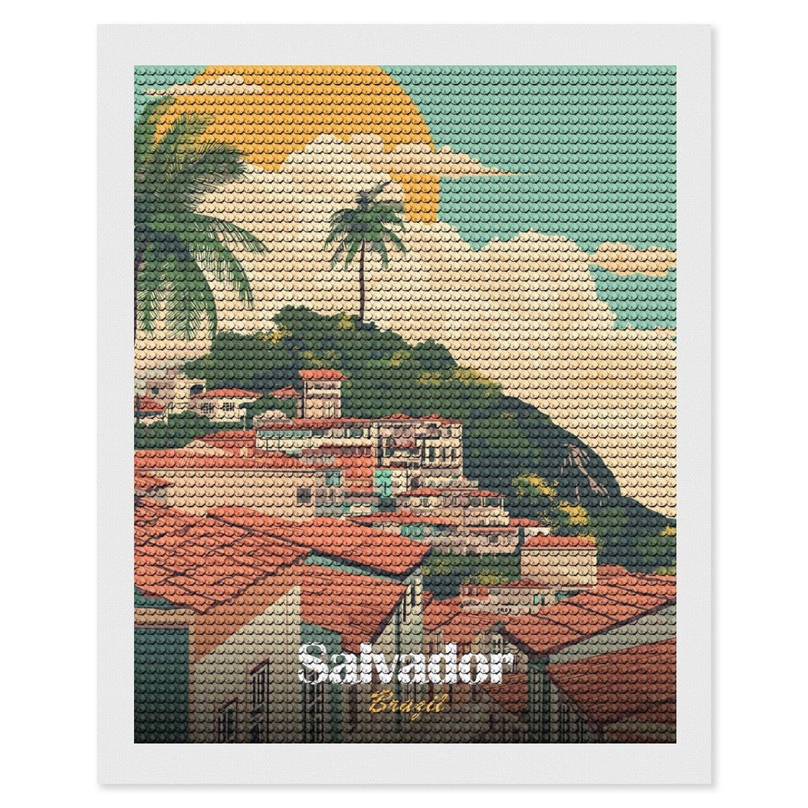 Junmoney Salvador, Brazil Cityscape Illustration Diamond Painting Canvas Set 16"x20", for Beginners, Complete Accessories, Christmas Gift, Modern Decor