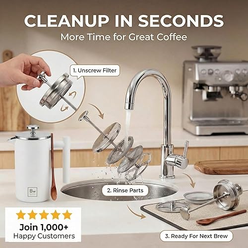 Vista 6 de Barista Warrior Prensa francesa con termómetro, prensa de café aislada, cafetera de acero inoxidable (1.0L 34 fl oz) (blanco)