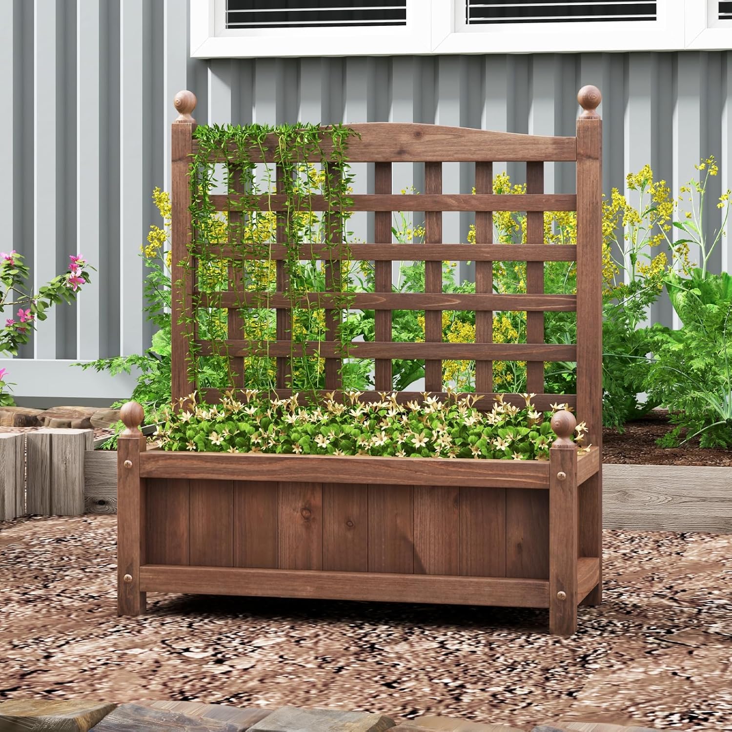 Raised Garden Bed with Trellis, Wooden Planter Box with Drainage Holes, Outdoor Gardening Planter for Flowers, Herbs, Vegetables, Fruits & Climbing Vines
