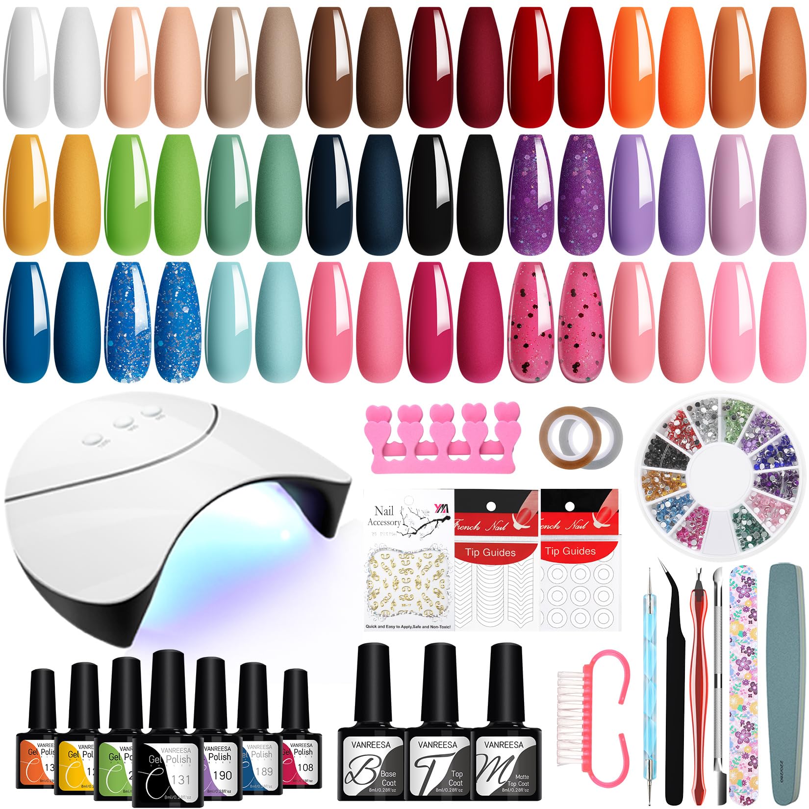 VANREESA Uñas Semipermanentes Kit Completo y Lámpara U V 24 Colores Kit Uñas Semipermanentes con Base Top Mate Top Coat Kit Manicura Semipermanente