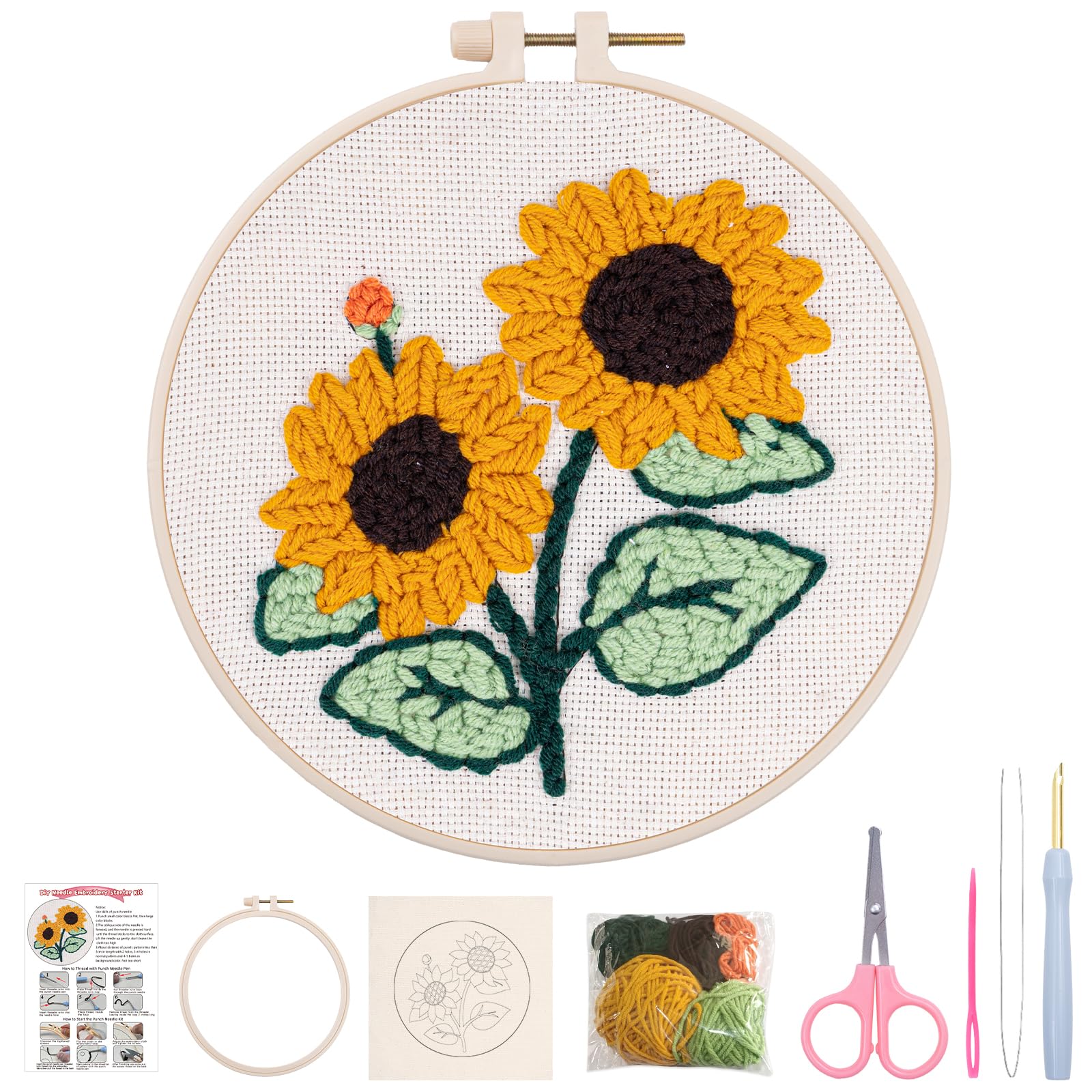 Nuberlic Sunflower Punch Needle Kit for Beginners - Complete Stress Relief Embroidery Set with 3.5mm Needle, Colorfast Thread, Step-by-Step Guide (Perfect DIY Gift for Adults, Teens, Friends)