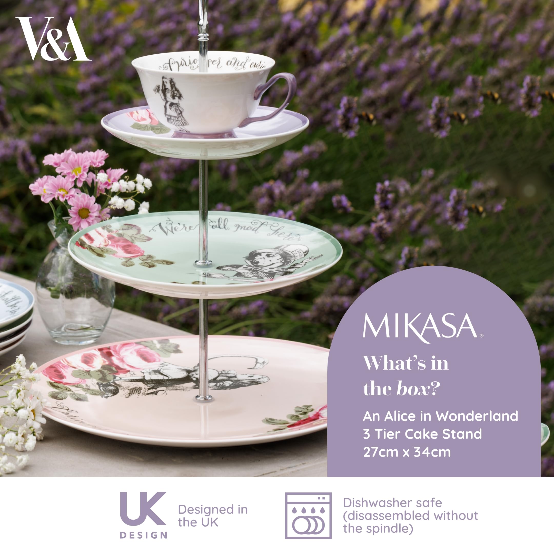 Mikasa and the V&A - Soporte para tartas de 3 niveles, soporte para té de la tarde con taza de té, té de Alicia en el país de las maravillas, porcelana de hueso, apto para lavavajillas y en caja de