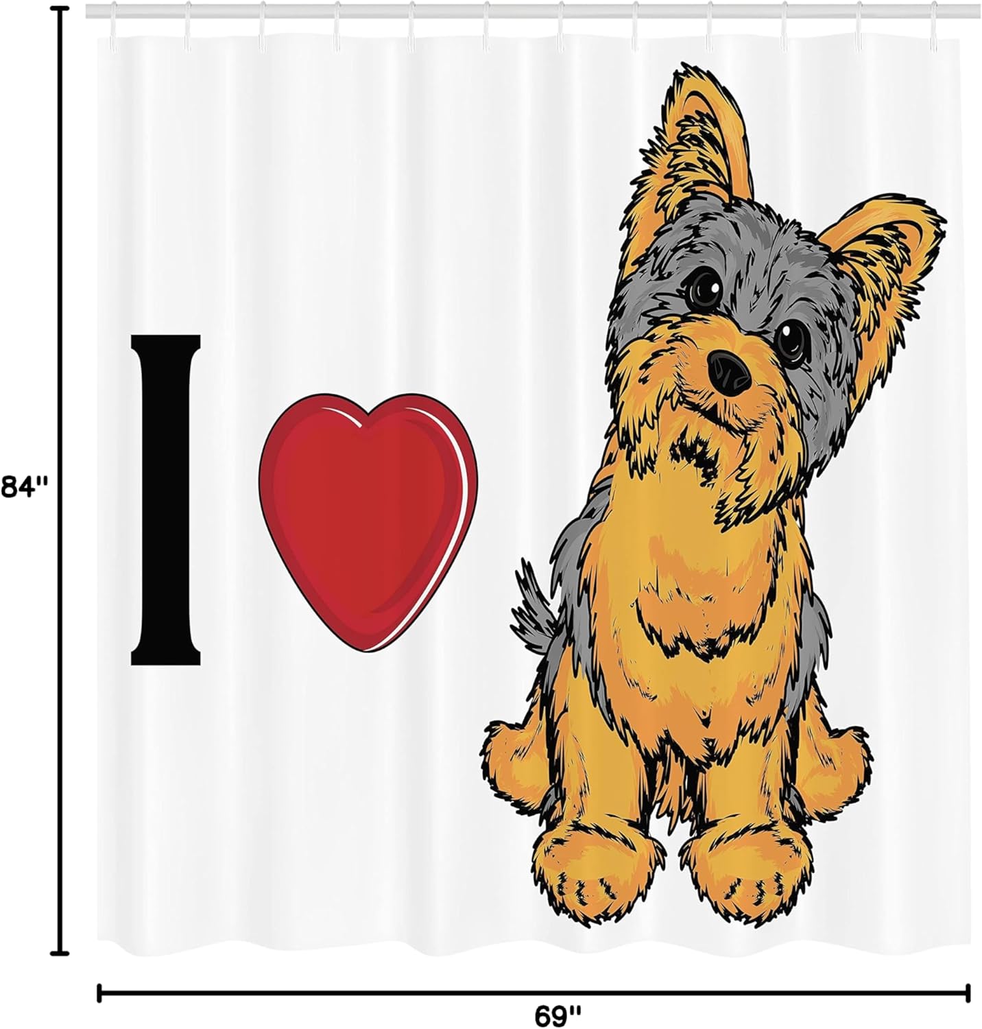 Ambesonne Yorkie Shower Curtain, I Love Yorkshire Terrier Dog Smiling Animal Tilted Head Love Print, Cloth Fabric Bathroom Decor Set with Hooks, 69" W x 84" L, Marigold Pale Grey