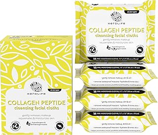 HEROLIFE Large Collagen Peptide Makeup Remover Cleansing Facial Cloths, Plant-Based, Biodegradable, Pre-moistened Cloths, ...