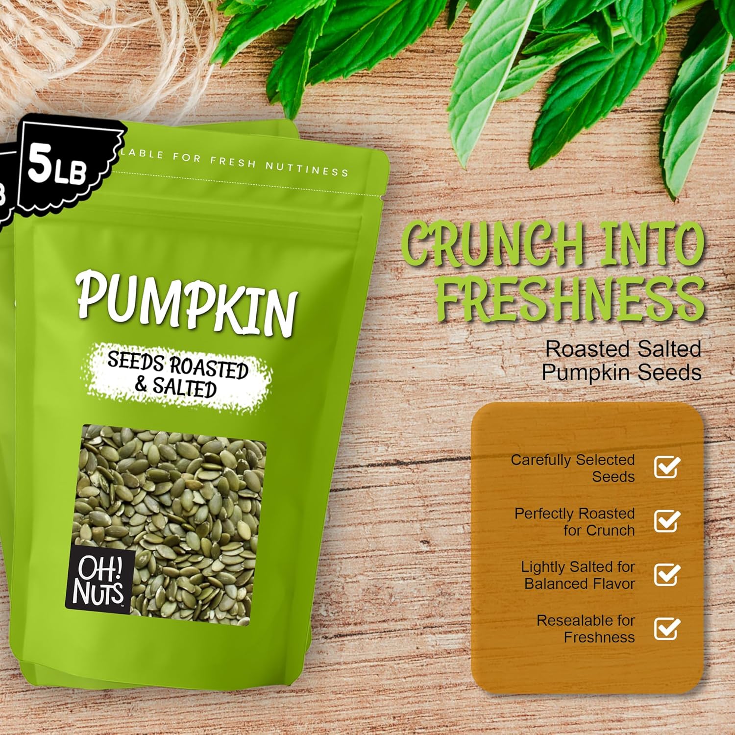 Oh! Nuts Pumpkin Seed Roasted & Salted - 5 lb Bulk Bag - No Shell Pumpkin Seeds - Roasted Seeds - Pepitas Snack Packed Fresh