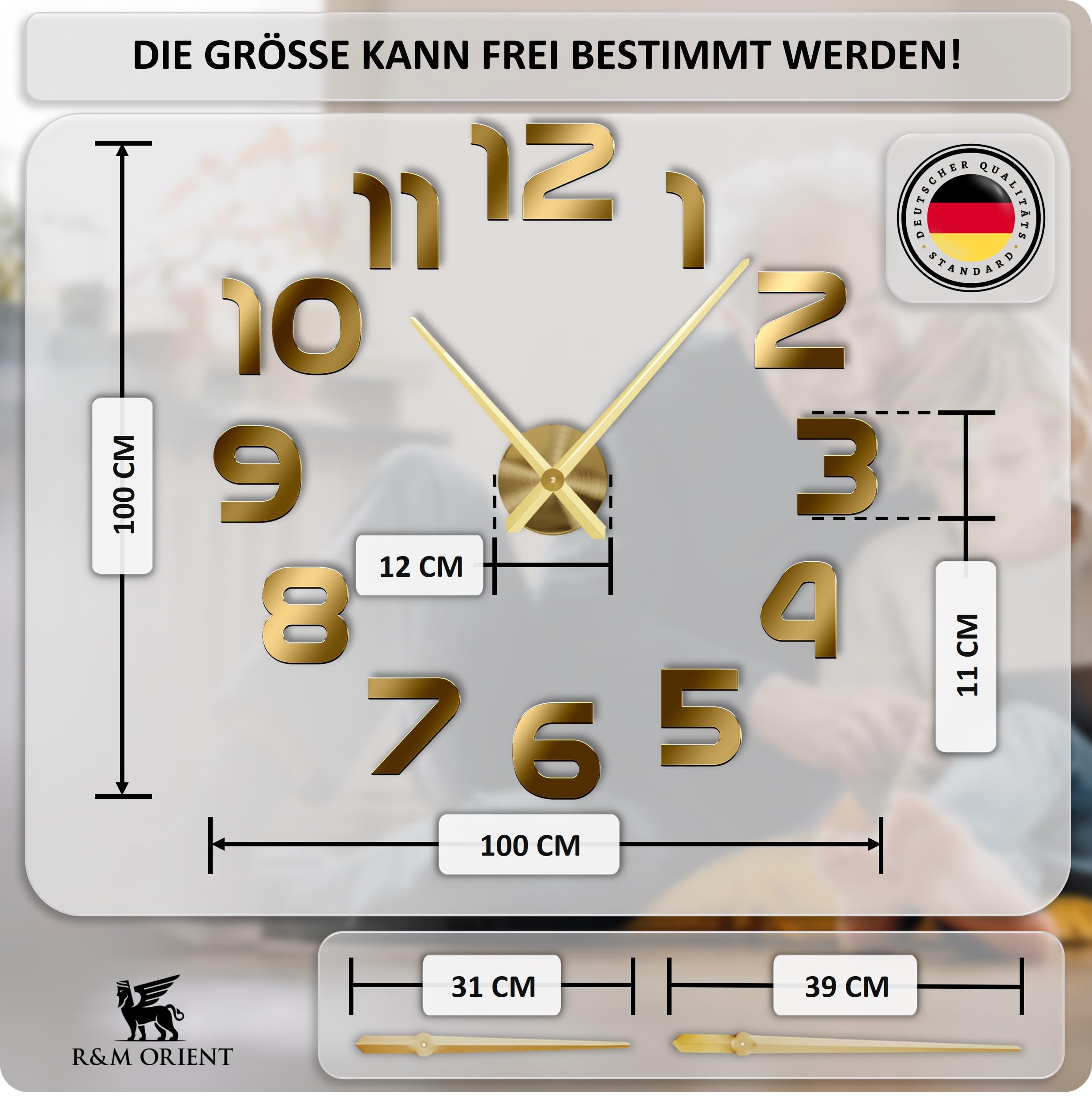 R&M ORIENT 3D Wanduhr Selbst Gestalten – Modern, Lautarm, Mit Spiegel-Akryl-Ziffern | DIY Deko Für Wohnzimmer, Büro & Mehr