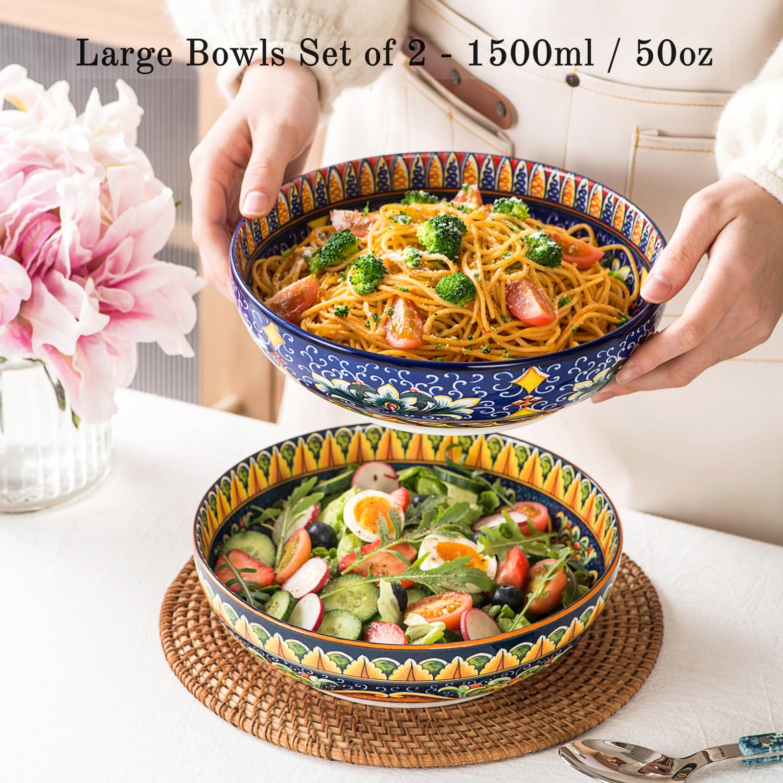 Henten Home Pastateller, Suppenteller/Tiefteller Set 2er, 1500ml Buntes Salatschüsseln für Suppe, Nudel, Spaghetti, Pasta, Salat - Serie Mylo, Boho Stil