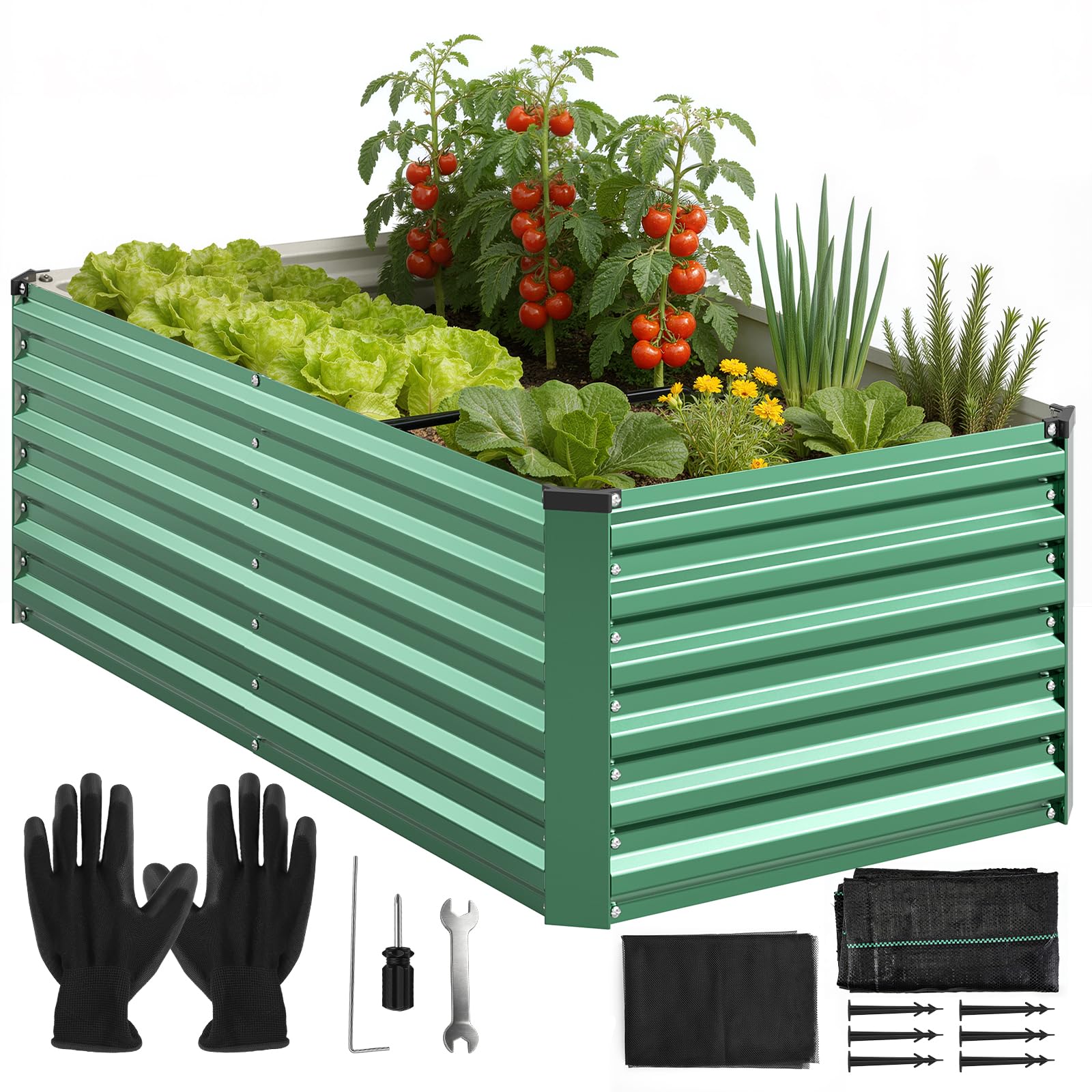 Bancal de metal para plantas, 240 x 120 x 60 cm, juego de jardinera alta para exteriores con barras de apoyo, tejido de sombra y red de protección; caja abierta de acero galvanizado para verduras