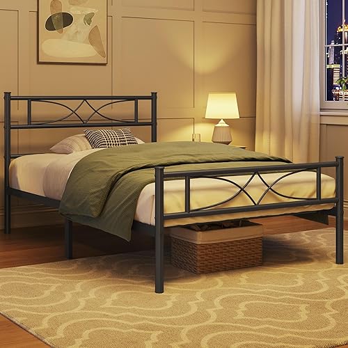 Miniatura 27 de Yaheetech Base de cama de metal tamaño matrimonial, base de cama de plataforma, base de colchón con cabecera y estribo de diseño curvo, no necesita