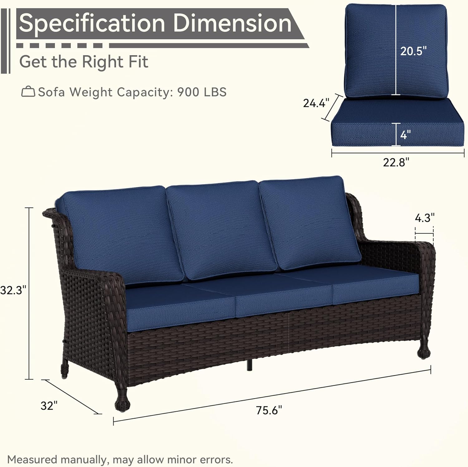 Patio 3-Seater Wicker Sofa, Outdoor Rattan Couch with Removable Cushions, High Back for Proch, Garden, Poolside, Balcony, Blue