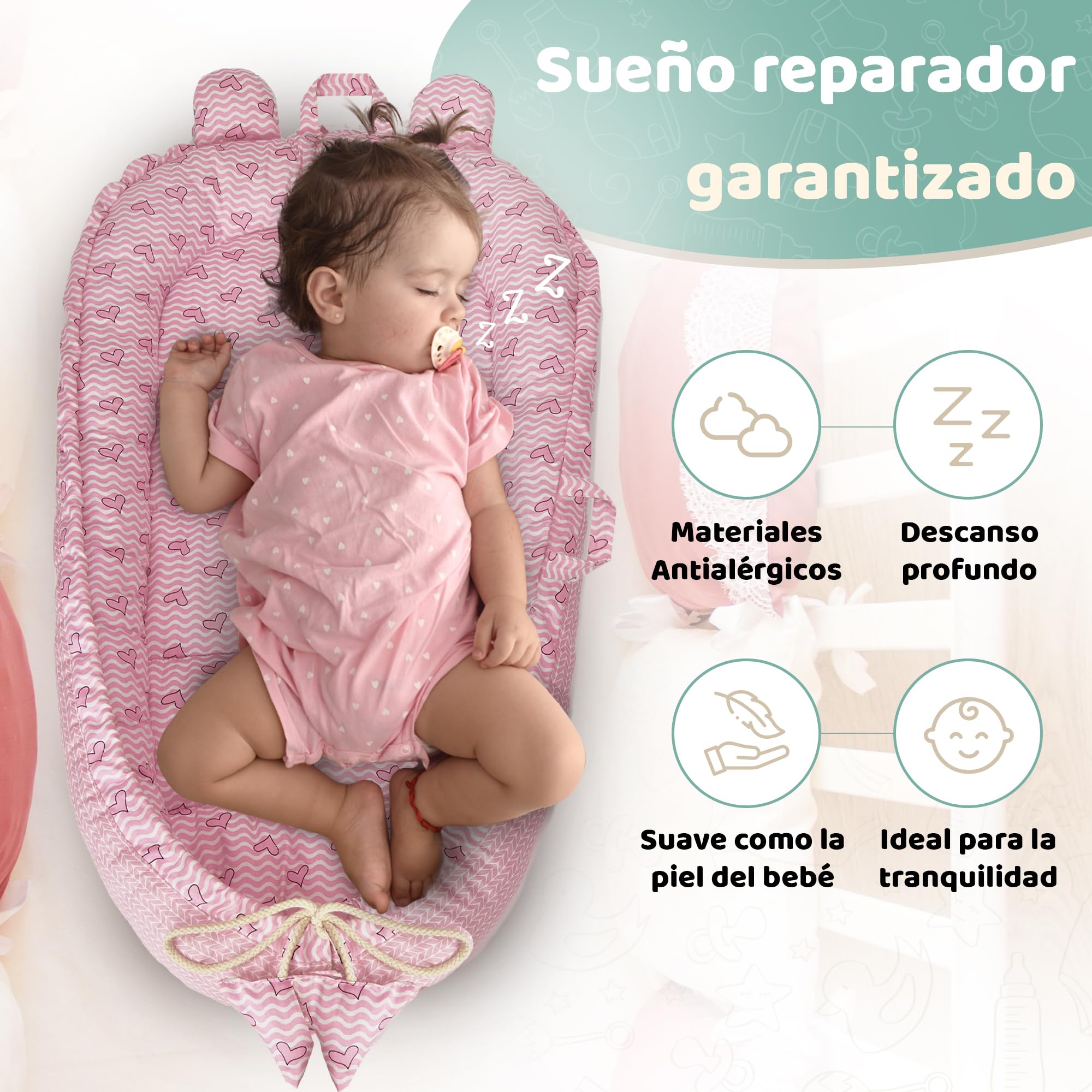 Nido neonato 90x50cm - Letto nido per bebè - Riduttore per culla - Mini culla - Cesta per neonato - Culla portatile o da viaggio - Mussola leggera 80x80cm - 100% cotone (Cuori rosa)