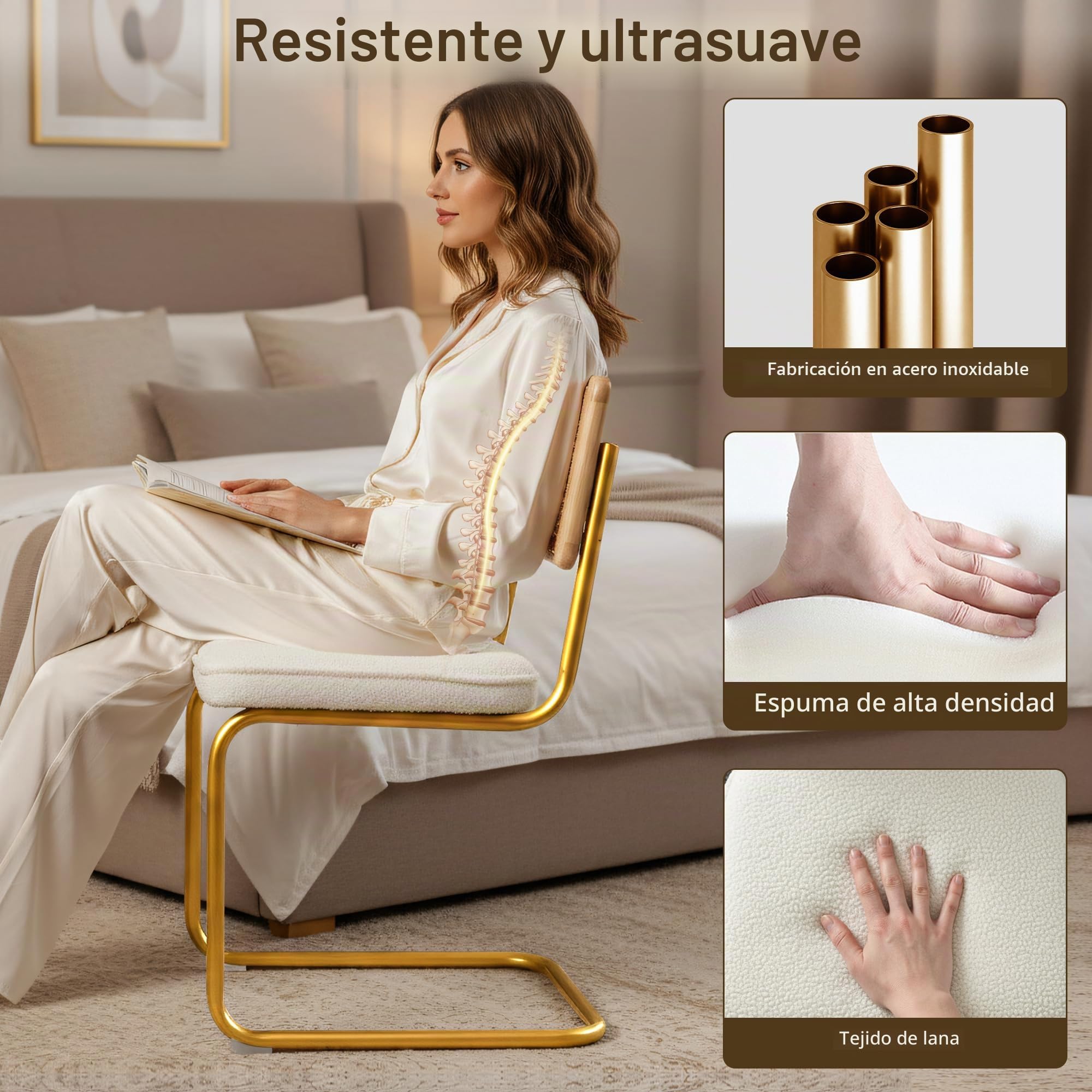 CangLong Pack de 2 Comedor Tapizadas, Sillas de Cocina Modernas con Patas de Metal, Gran Estabilidad y Capacidad de Carga, Blanco, Ratán, Vellón, Espuma, Unidades