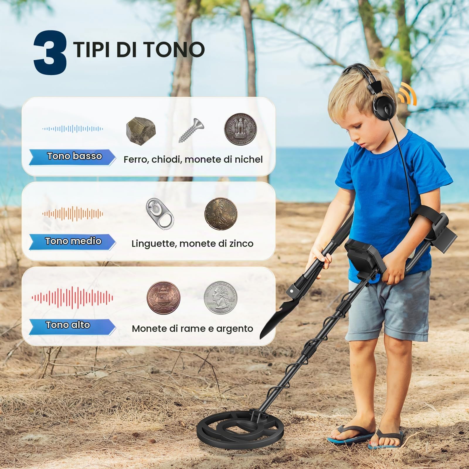 Metal detector professionale con 2 batterie, 5 modalità Metal detector per adulti e bambini, chip anti-interferenza, impermeabile IP68, alimentazione a batteria e USB (Azzurro)