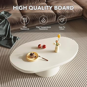 Guyii Oval Coffee Table, Modern Center Table, Cream White Tea Desk for Living Room, Bedroom, Home Office, Easy Assembly