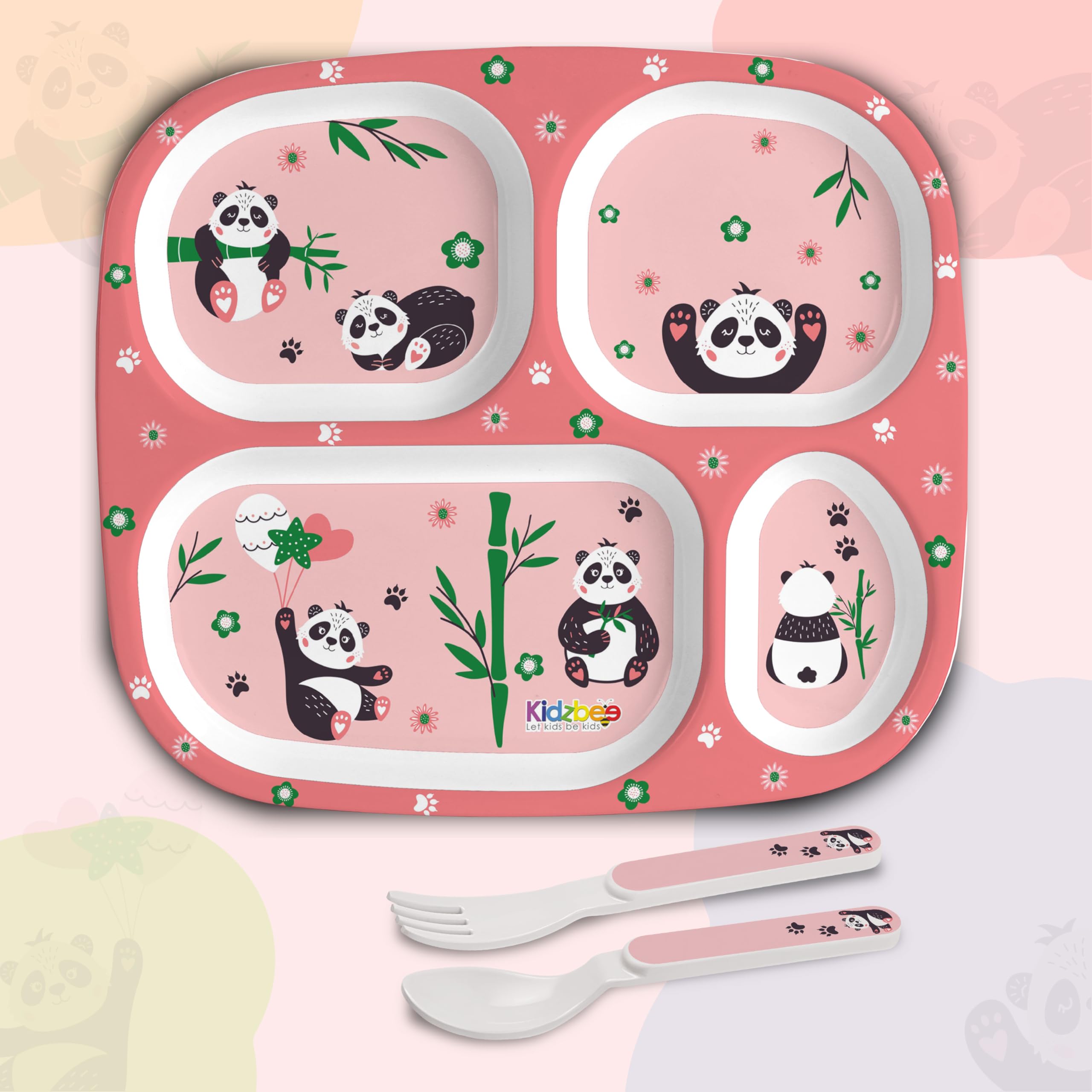 Cello Kidzbee Quadmeal Bamboo Buddies Melamine Meal Set for Kids | BPA Free and Food-Grade Material | Attractive and Kidfriendly Designs | Break Resistant & Durable Set | Set of 3, Peach-image-46