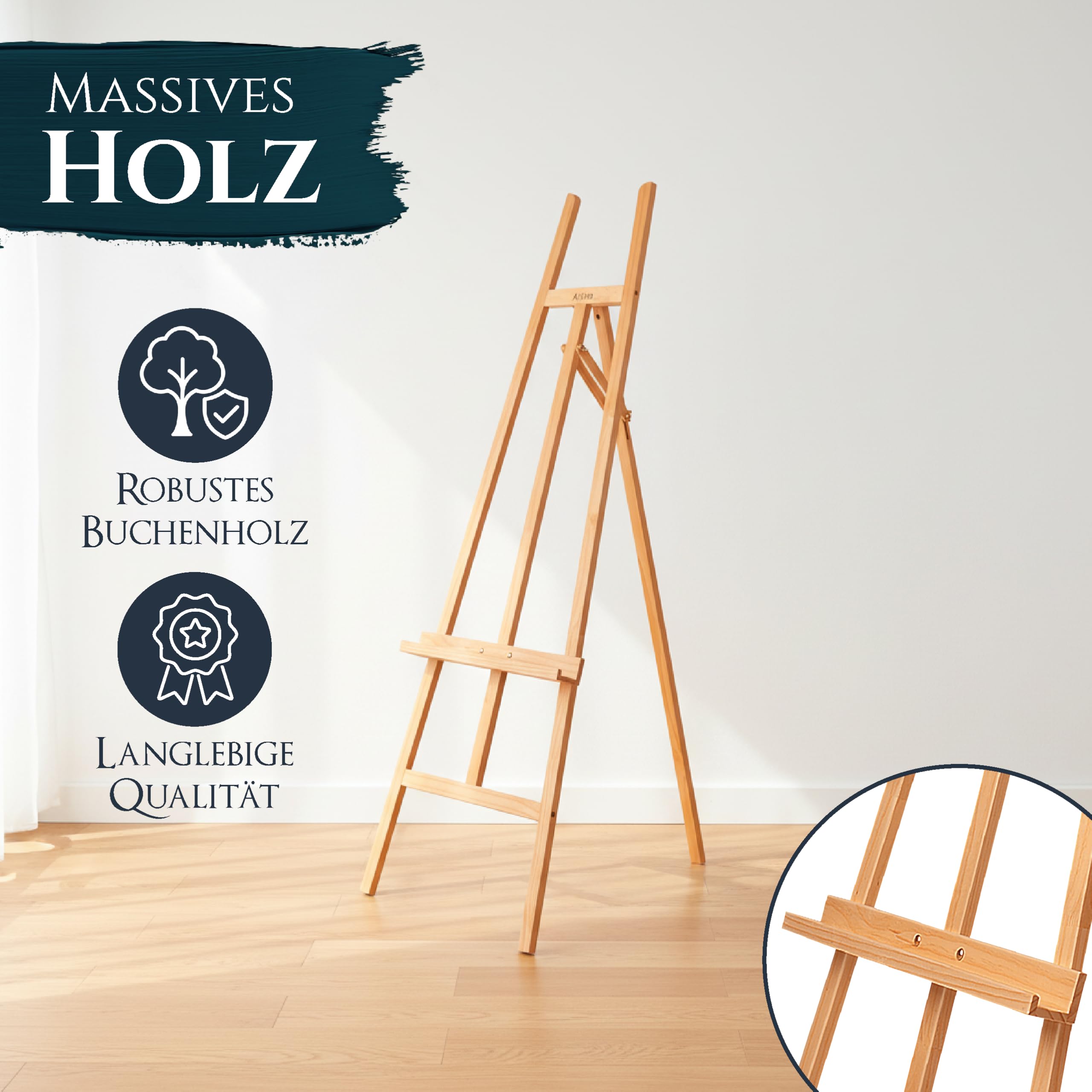 Artina Holz Staffelei klappbar aus Buchenholz für Keilrahmen bis 120cm Groß | massive Atelierstaffelei mit Malauflage für Künstler hochwertige Höhe Standstaffelei Malstaffelei Sevilla