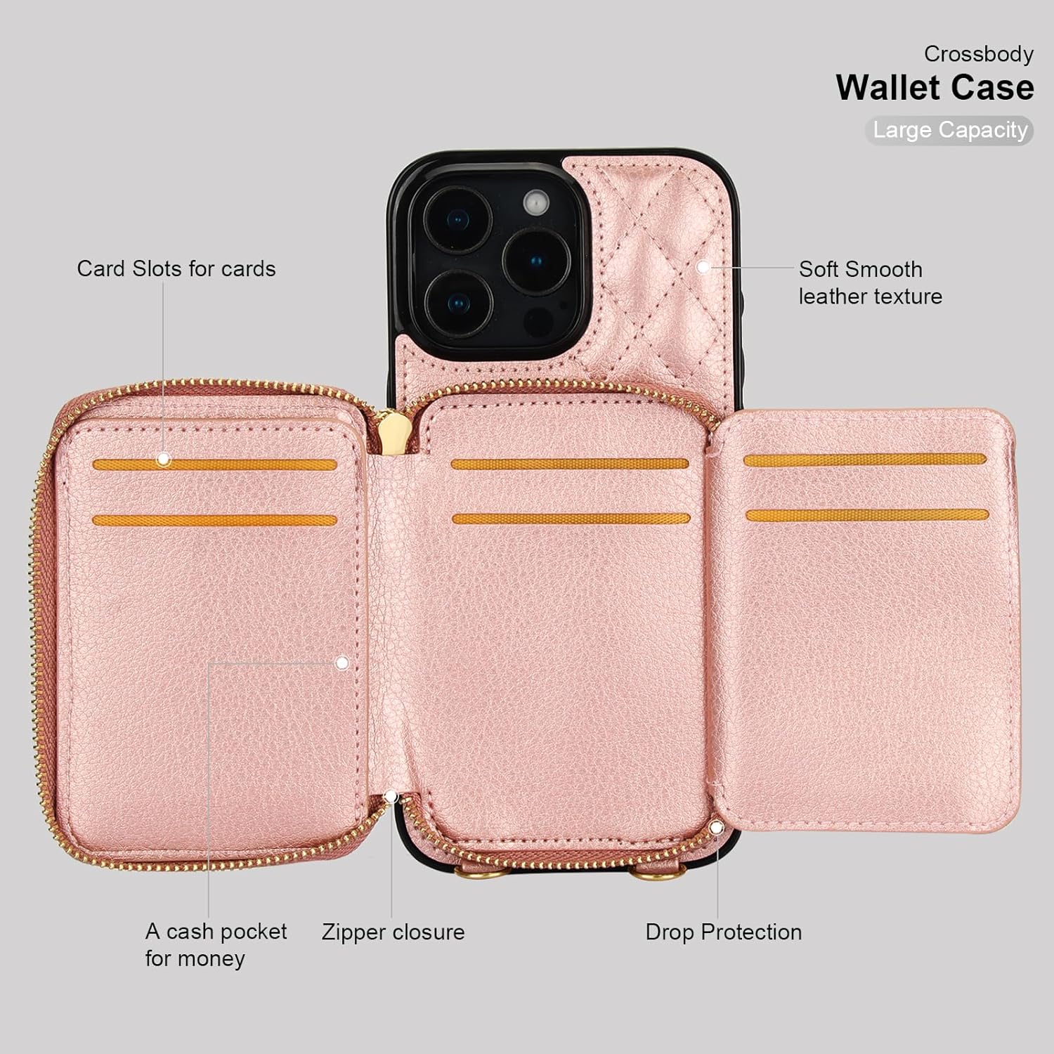Bocasal Crossbody Wallet Case for iPhone 16 Pro Max, RFID Blocking PU Leather Zipper Handbag Purse Flip Cover, Kickstand Folio Case with Card Slots Holder Wrist Strap Lanyard 5G 6.9 Inch (Rose Gold)