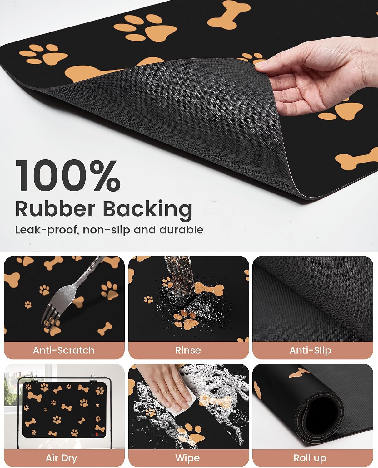 PEISAINOX Cat Dog Food Mat, Rapid Water Absorption Dog Mat for Food and Water,100% Waterproof Cat Dog Bowl Mat, 16"x27"-Black image 4