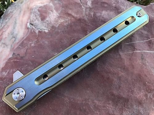 Miniatura 4 de TACTICAL GEARZ Navaja de bolsillo de titanio para EDC, mango de titanio sólido, hoja tanto de acero D2, incluye funda (oro ónix)