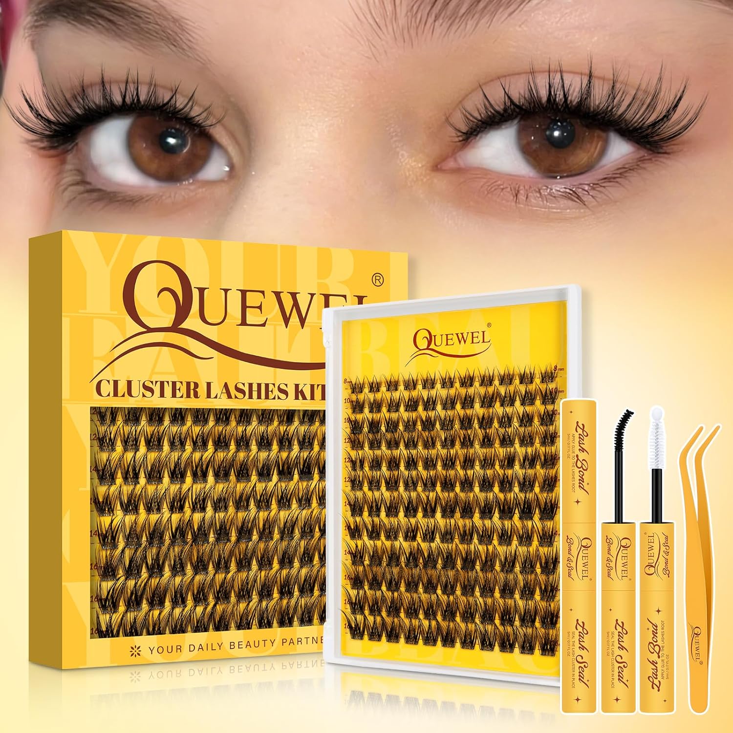QUEWEL Lash Clusters Kit with 0.03mm Fine Band, 132PCS Waterproof Natural Lashes-Cluster, Eyelash-Clusters-Kit with Bond&Seal and Tweezers Easy to Wear and Long-Lasting (FD-0.03-B)