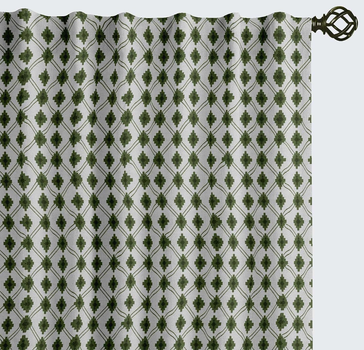 Cotton Curtains for Windows - 3-in-1 Rod Pocket/Back Tab Short Window Drapes - Light Filtering Cotton Canvas Panels - Set of 2, 52"x63" - Geometric Print (Green)