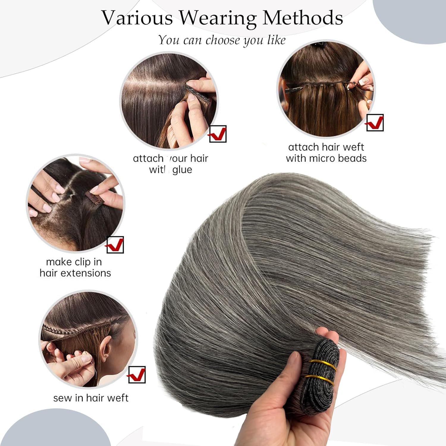 Grey Salt & Pepper Hair Wefts Sew in Hair Extensions Real Human Hair Bundle, 20 Inch 100G Grey and White Highlights Hand Tied Wefts Hair Extension Remy Human Hair Double Weft Sew in Weave Extensions