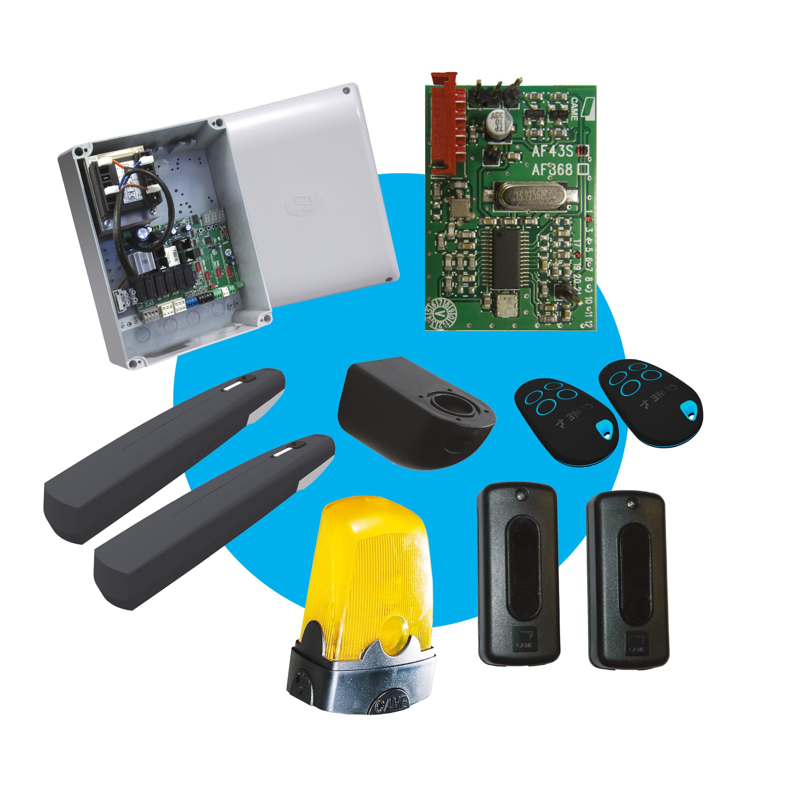 CAME Kit Pistone AXI per cancelli a battente con ante fino a 2m e 200kg, include due motori 24 V, fotocellule, lampeggiante, due trasmettitori, scheda radiofrequenza, quadro comando, base fissaggio
