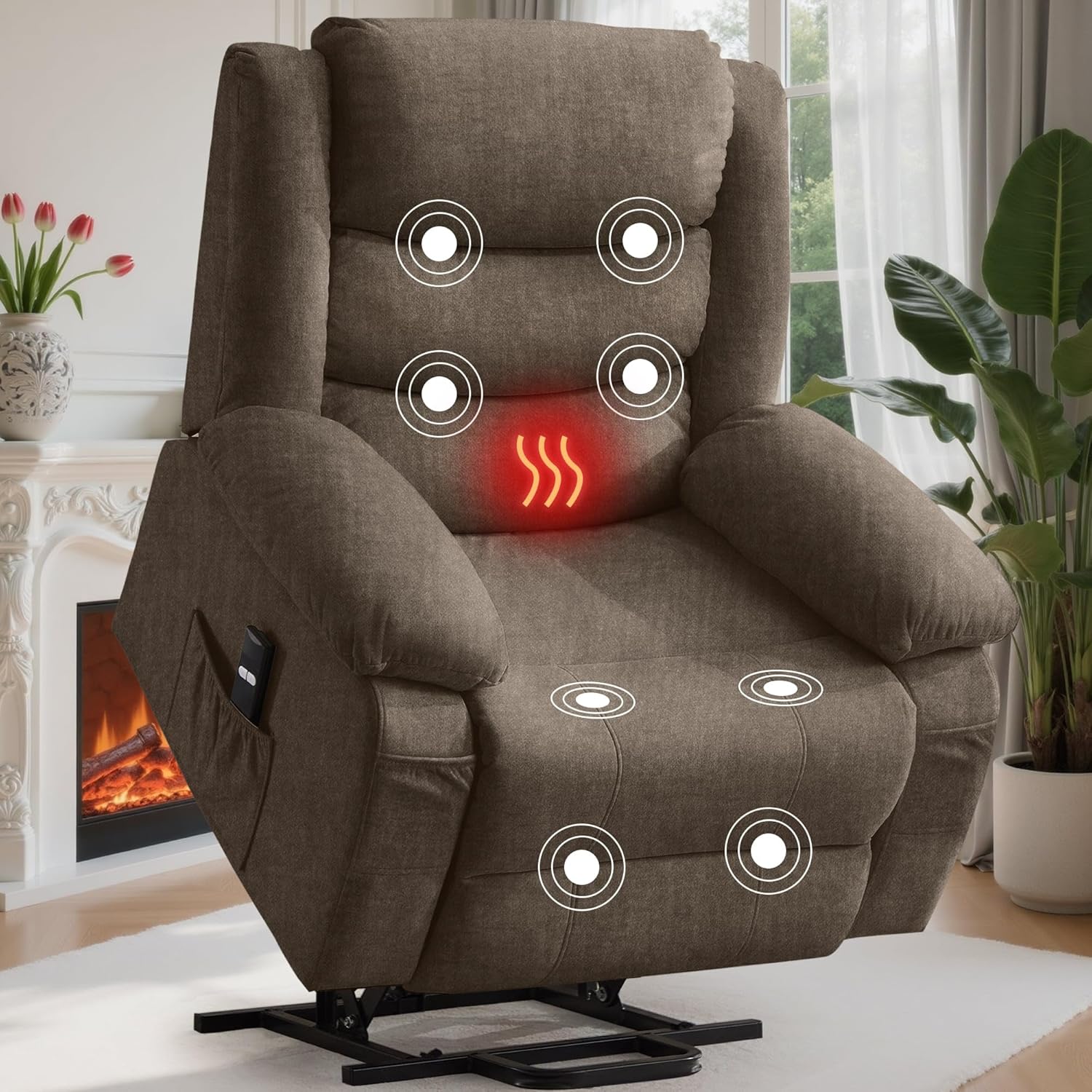 Oversized Power Lift Recliner for Elderly, Electric Recliner Chairs with Massage and Heat, Extra Wide Recliner with Side Pockets, Reclining Chair for Living Room (Imitation Cashmere, Brown)