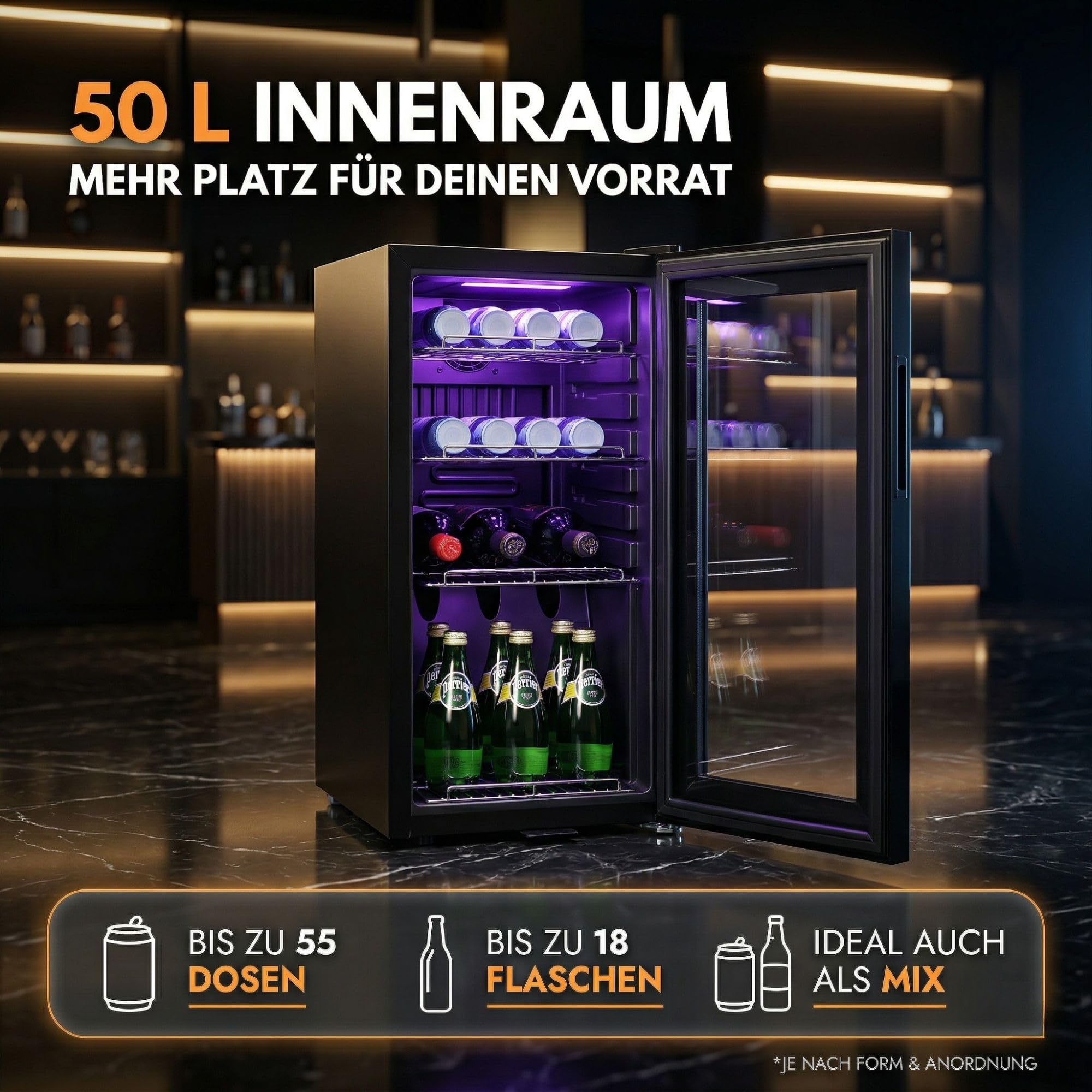 Sommertal GK50 Kühlschrank mit Glastür 50L Leiser Getränkekühlschrank RGB LED Touchscreen Schloss Schwarz