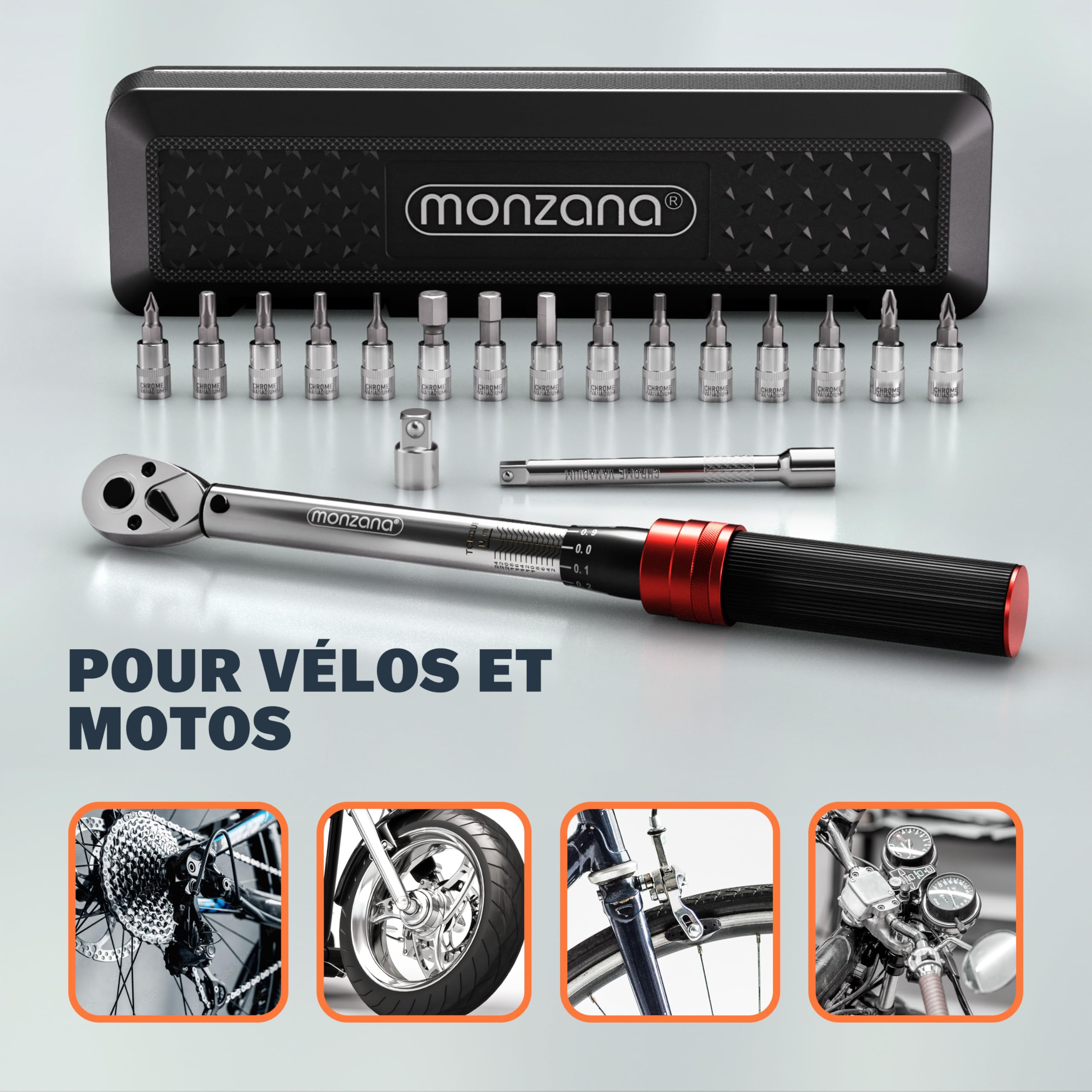 Monzana® Clé dynamométrique 1/4' 1-25 NM ±3% 18 pièces acier CV extension boîte de rangement vélo moto set complet clé de serrage clé à cliquet