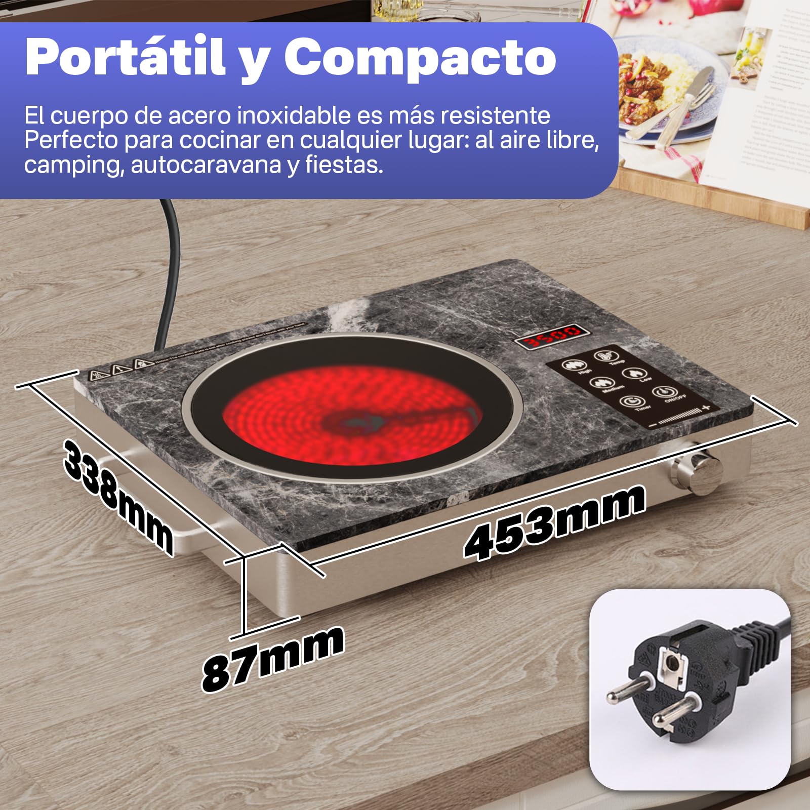 Placa Vitrocerámica Infrarroja 3500W | Cocina Eléctrica con Vidrio Microcristalino | Compatible con Todo Tipo de Sartenes | Funciones de Seguridad Integradas | Diseño Premium en Mármol