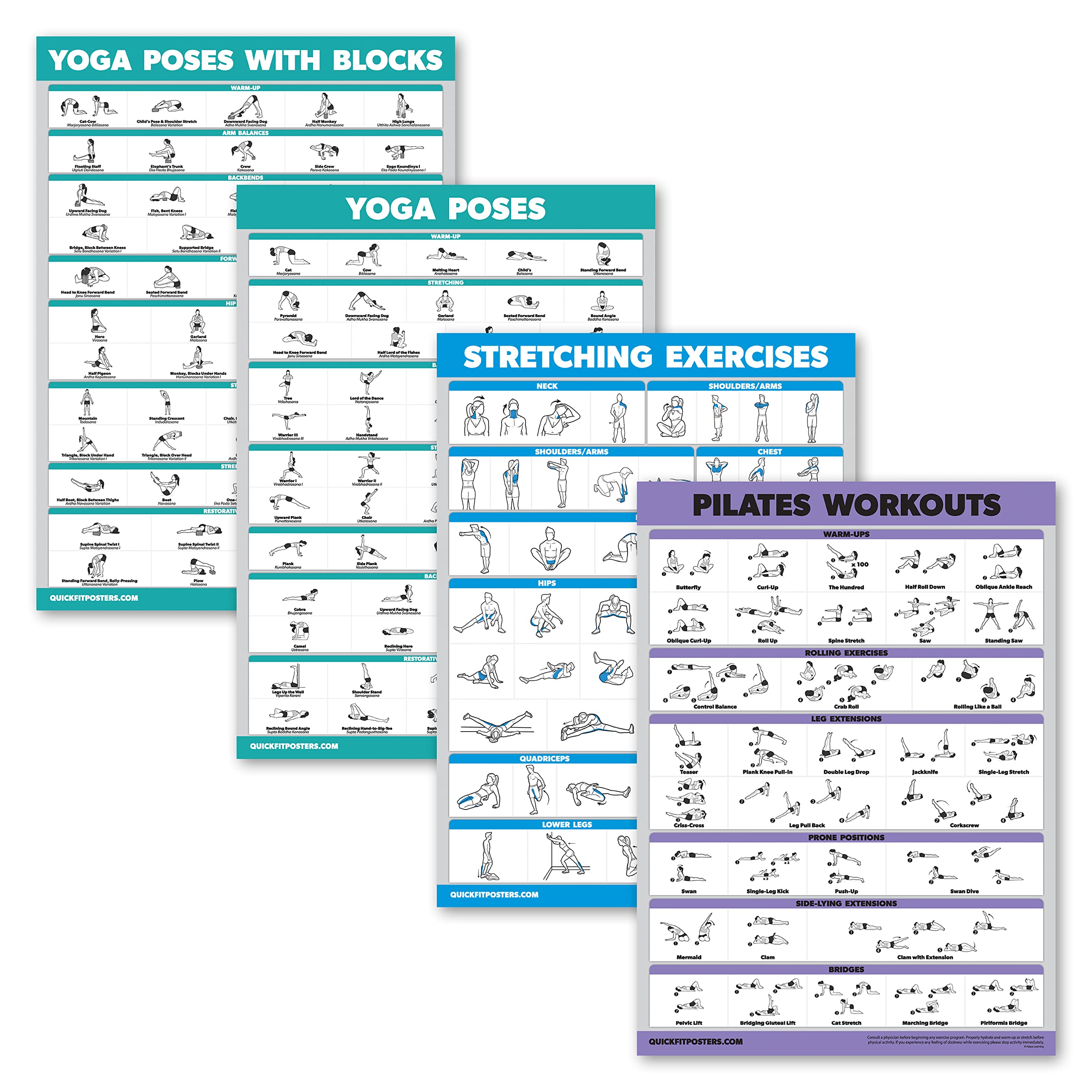 4 Pack - Yoga Block Poses + Pilates Exercise + Yoga Poses Positions + Stretching Posters - Set of Four Fitness Charts (18 x 24, LAMINATED)-image-27