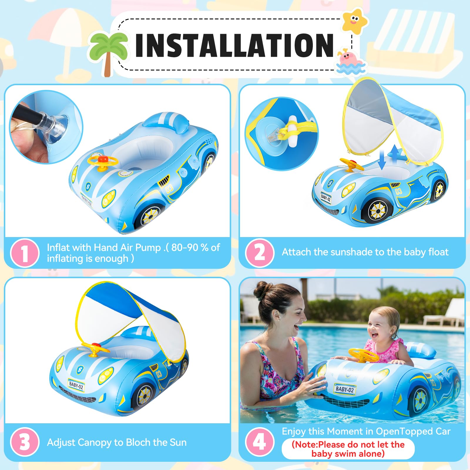 Salvagente Neonato con Parasole Spf 50+ con Tendalino Rimovibile Regolabile Sedile per Nuoto Piscina per Bambini Gonfiabile per Nuoto a Forma Aiuto per il Nuoto 18-48 Mesi Piscina Neonato