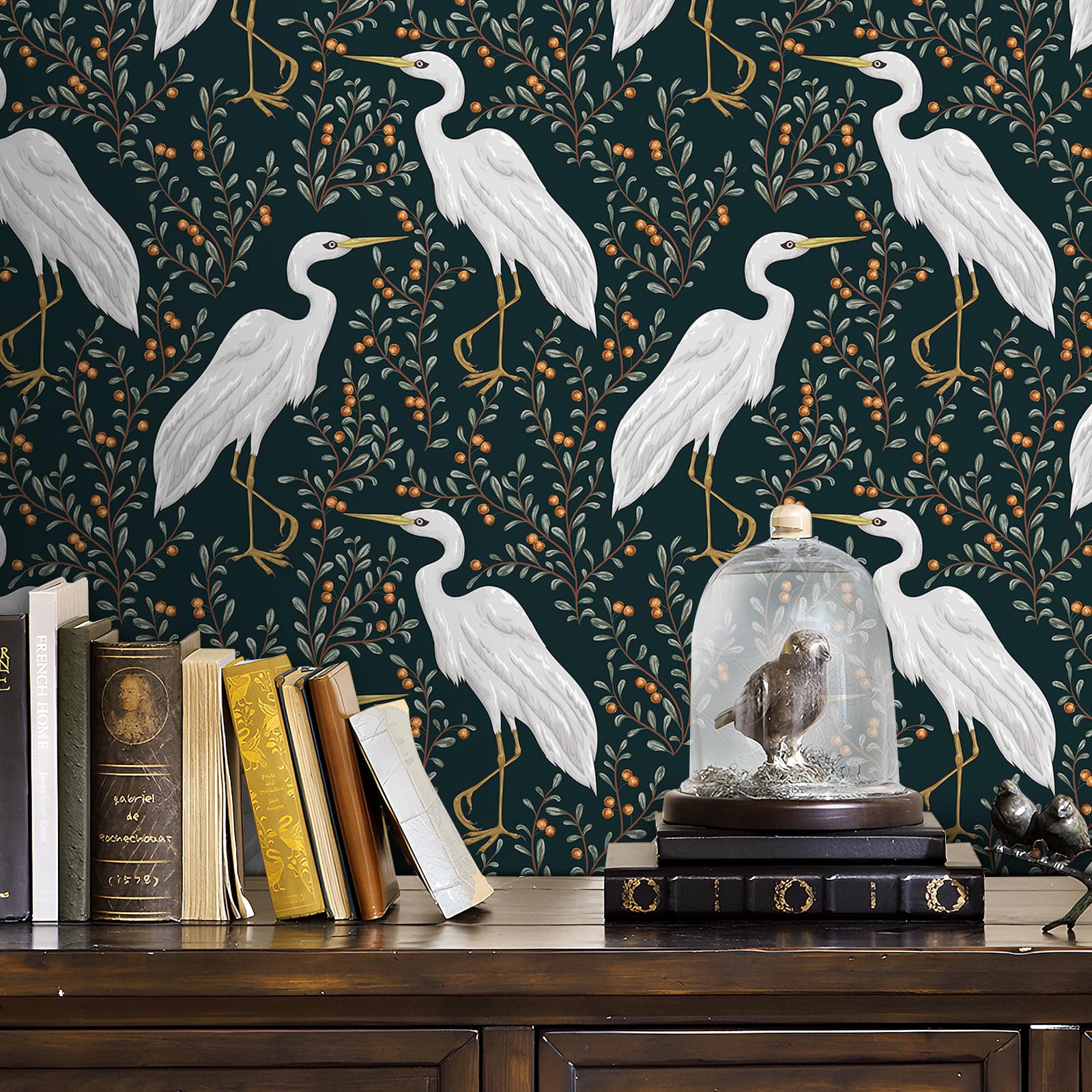 FunStick 44.5CMx9M Dark Green Leaf Wallpaper Peel and Stick Bathroom Wallpaper Stick on Walls Removable Water Bird and Leaf Pattern Vinyl Wrap for Furniture Tree Fruit Dark Green Sticky Back Plastic - Image 3