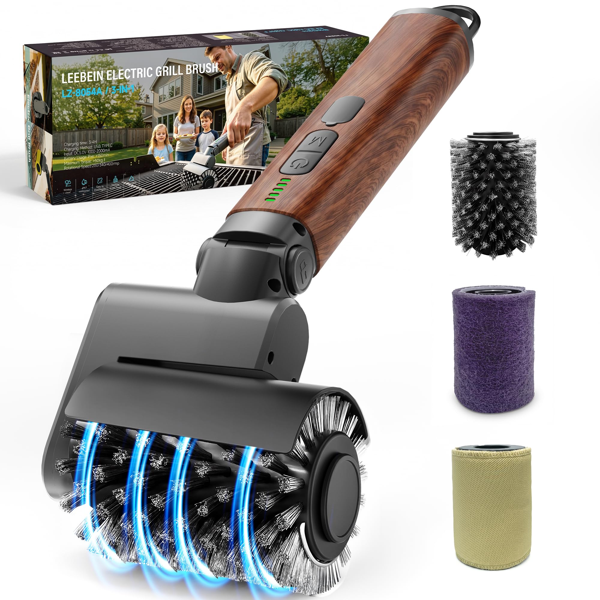 Leebein Electric Grill Brush for Outdoor, 2026 Upgraded BBQ Grill Cleaner with 3 Replaceable Brushes, 3-Speed & Angle Adjustable, 150Mins Runtime Cordless Grill Cleaning Brush for Barbecue Grates