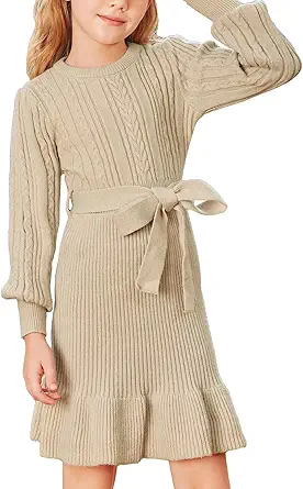 GRACE KARIN Girls Sweater Dress Cable Knit Long Sleeve Fall Winter Dress for Girl with Belt Sizes 6-14