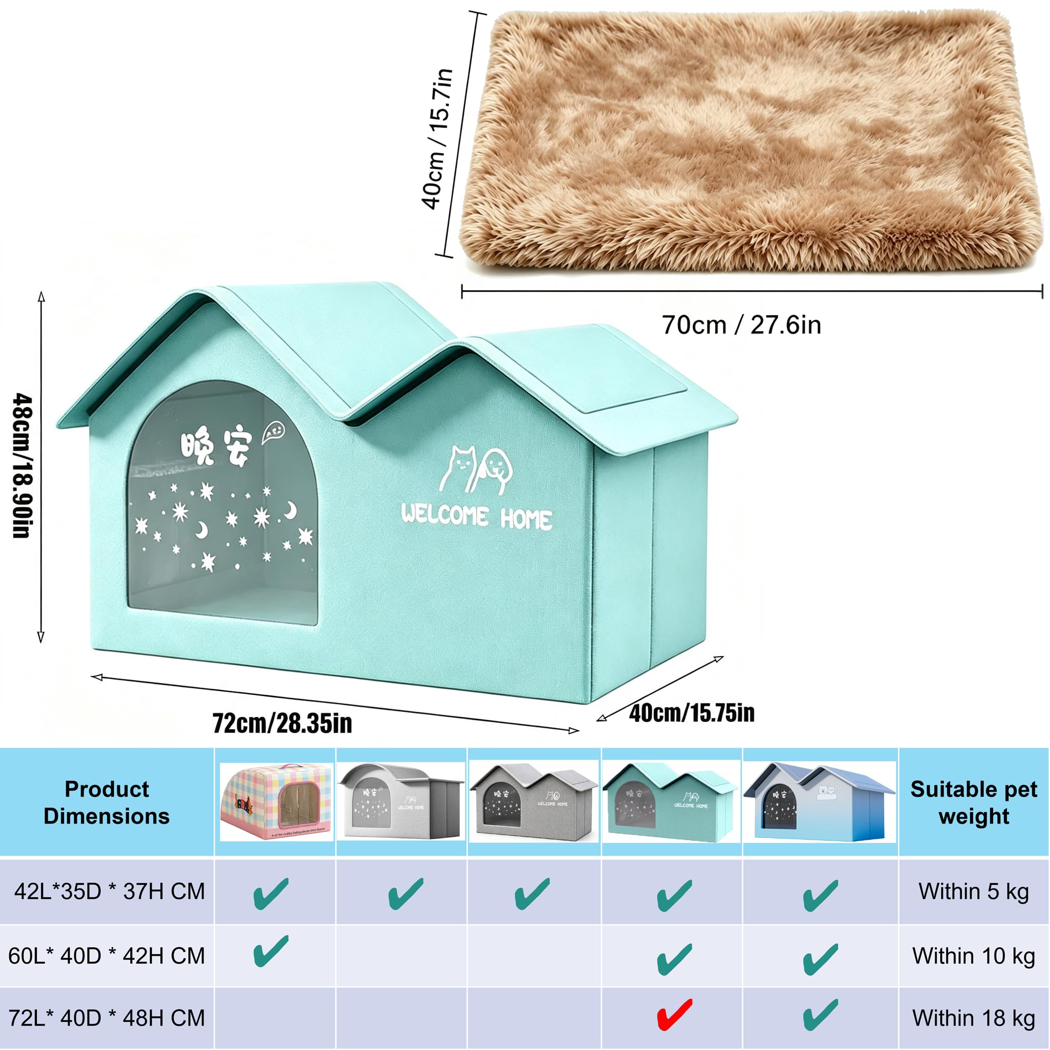 Maison pour Chat et Chien Tout‑Saison pour extérieur imperméable avec Tapis Auto‑réchauffant pour l’Hiver, Blocs réfrigérants pour l’été et Porte, Niche Isotherme Pliable Anti‑morsures pour intérieur