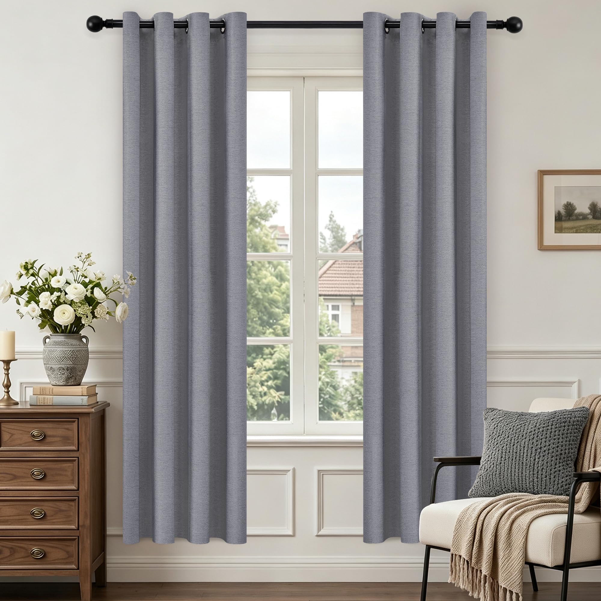 Full Blackout Curtains 2 Panels Thick Double-sided Faux Linen Curtains Grey Blackout Eyelet Thermal Insulated Curtains for Living Room Bedroom Dining Room Windows Dark Grey Gray 52"W x 72"L