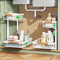 Kitstorack 2 Tier Under Sink Organizer Sliding Drawer - Pull Out Metal Shelf for Kitchen Bathroom Cabinet Storage, Adjustable White 2 Pack