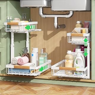 Kitstorack 2 Tier Under Sink Organizer Sliding Drawer - Pull Out Metal Shelf for Kitchen Bathroom Cabinet Storage, Adjustable White 2 Pack