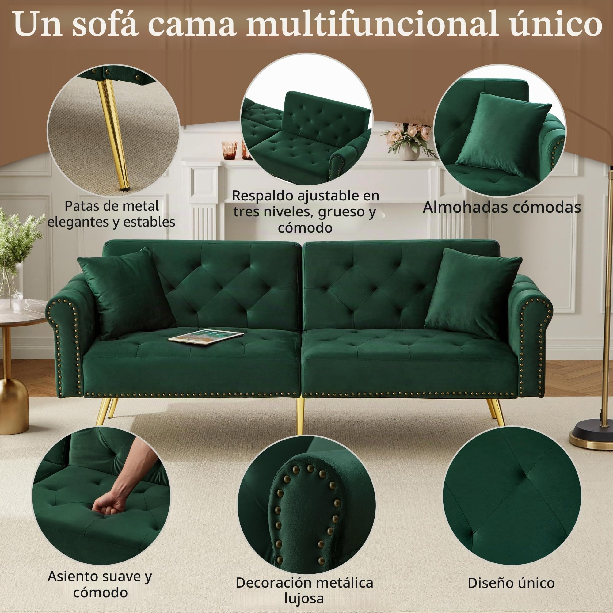 Azkoeesy Elegante sofá cama de 2 plazas, tapizado en terciopelo, 178 cm, con 3 niveles de ajuste, patas de metal dorado, 2 cojines, acabado con remaches (verde envejecido)