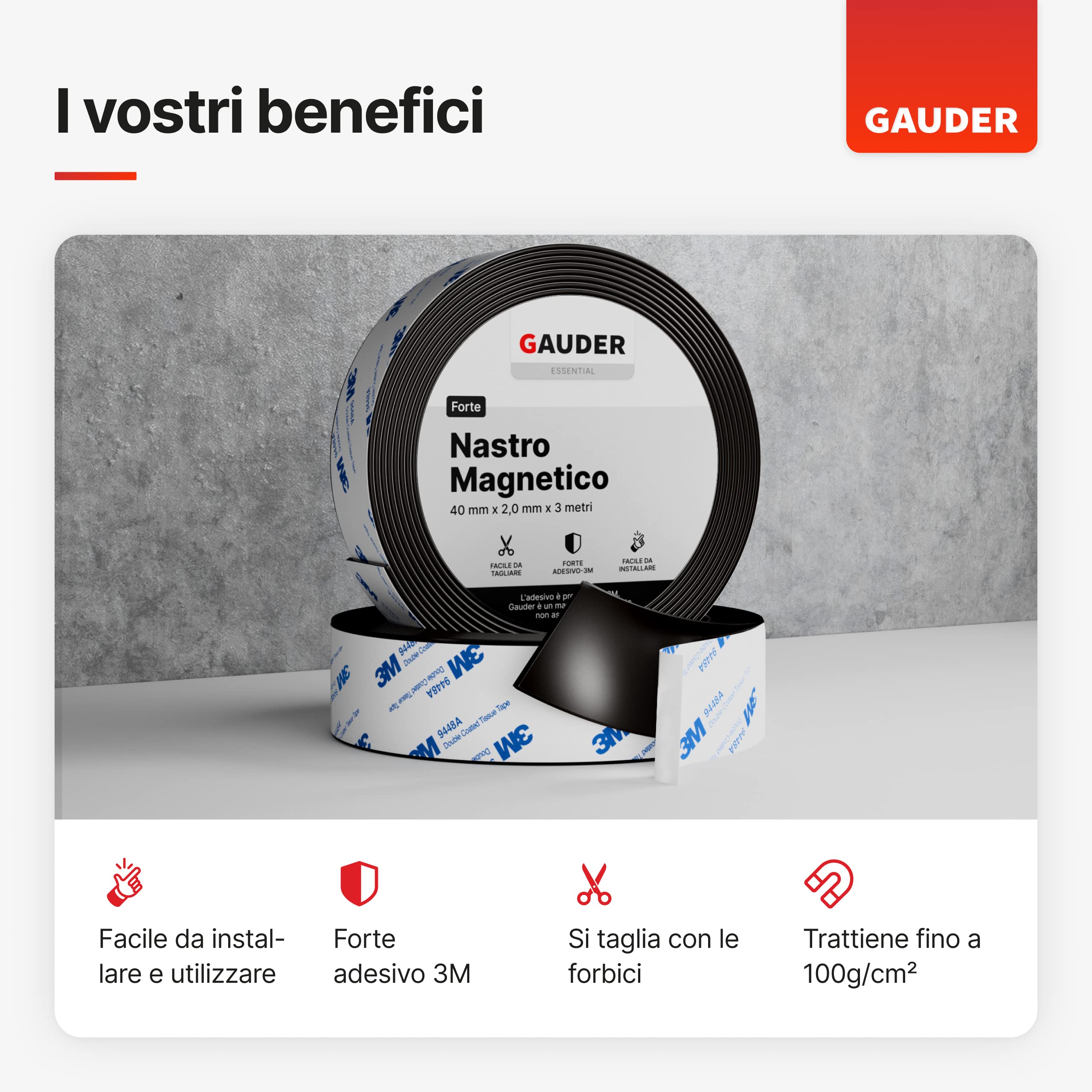 Nastro Magnetico Autoadesivo GAUDER - 3 Metri, Tagliabile | Per Attaccare Oggetti A Superfici Metalliche - Foto 4