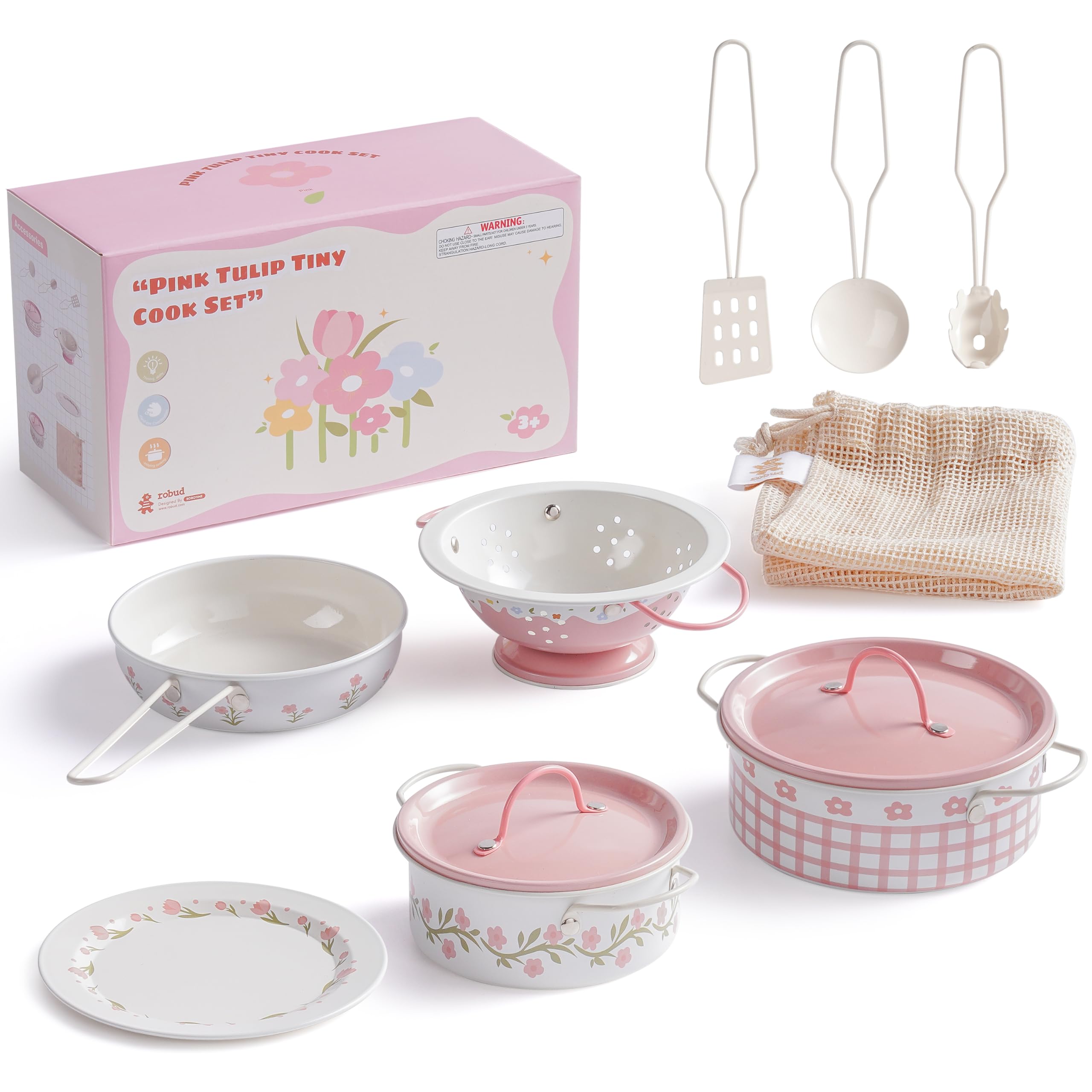 ROBUD Kinderküche Zubehör Topfset Spielset, 8-teiliges Kinder Töpfe und Pfannen-Sets aus Metall, Spielküche Kochgeschirr für Rollenspiele, Geschenk Spielzeug für Kinder ab 3 Jahren, Rosa
