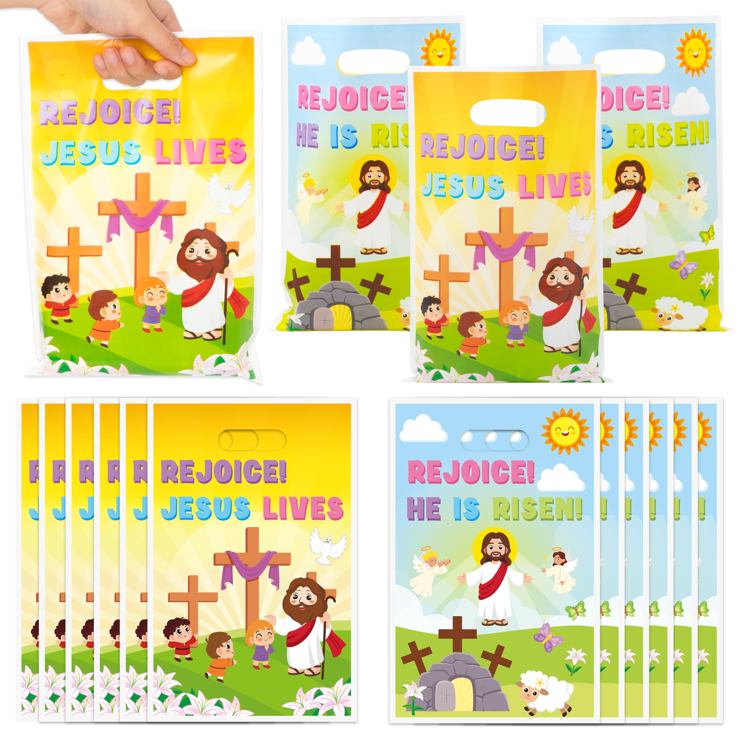 A1DIEE Easter Religious Party Favor Bag - 50Pcs He is Risen Rejoice Goodie Treat Candy Gift Bags Christian Cross Jesus Lives Party Supplies for Spring Easter Bible Sunday School Jesus Birthday Church — image 1