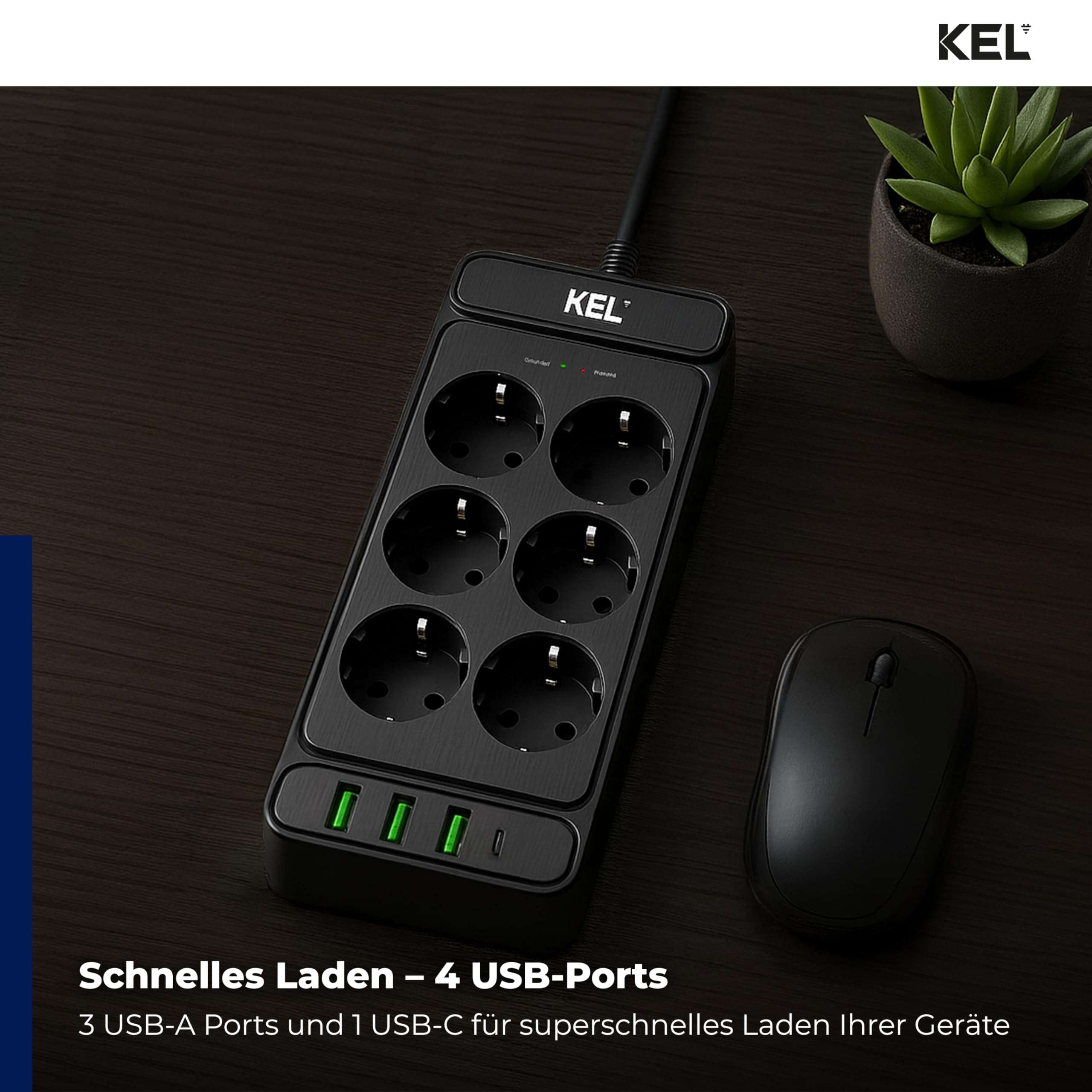 KEL Steckdosenleiste Mehrfachsteckdose Überspannungsschutz - 6 Steckdosen - 2p+Z USB A USB C 2 m Schwarz