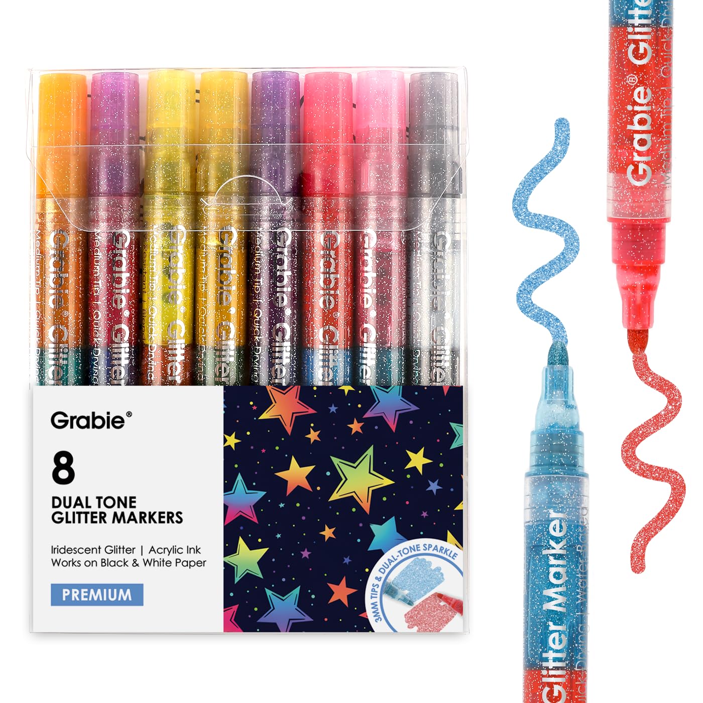 Grabie 24 Glitter Metallic Markers, Medium Tip Glitter Acrylic Paint Markers, Quick-Drying Water-based Ink Glitter Pens for Adults, DIY Crafts Making, Set of 24: Dual Tip 16 Colos Pack of 8