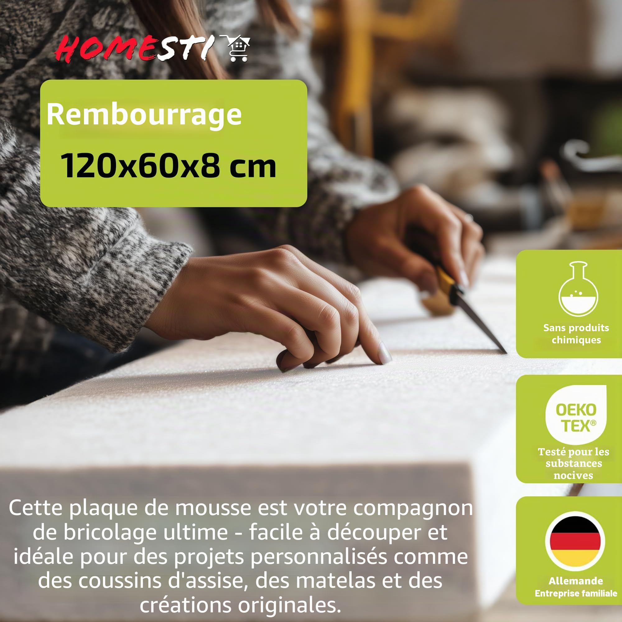 Plaque en mousse de 120 x 60 x 8 cm, dureté moyenne, matelas en mousse découpable, comme coussin de siège, matelas, projets DIY, palettes