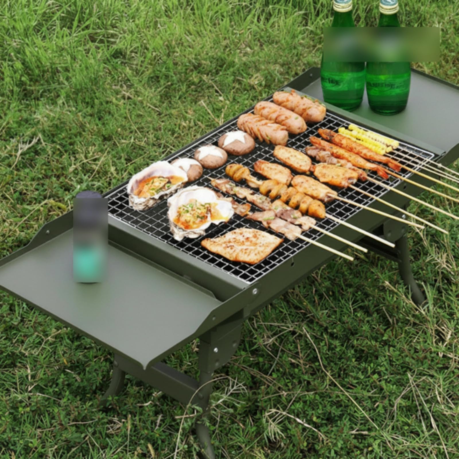 Gralara Barbecue a Carbone Pieghevole Co Barbecue Portatile con Ripiani Robusto Griglia Pieghevole con Maniglia per Campeggiatori, Famiglie, Picnic, Verde Militare, 82 30 35 Cm