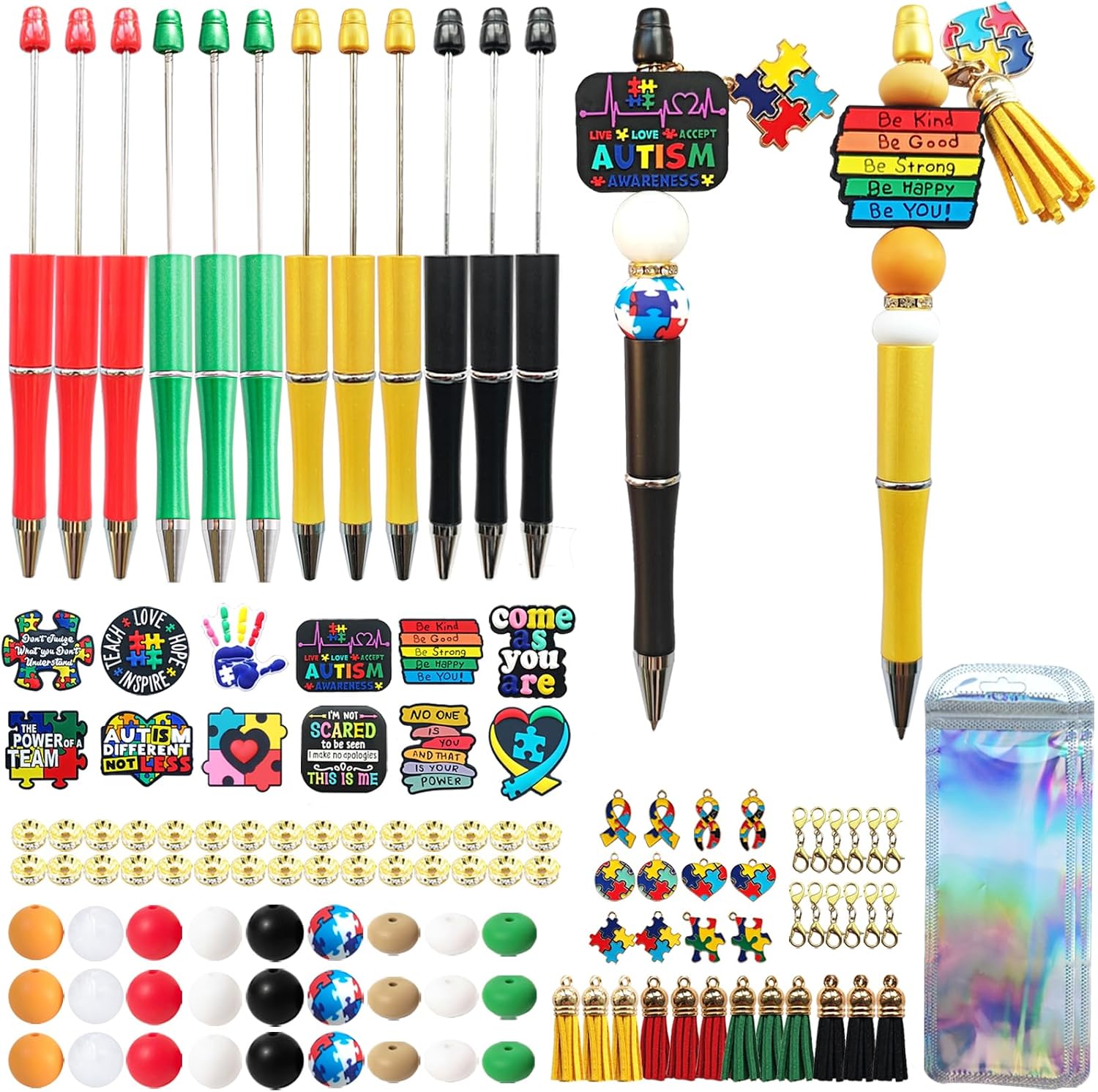 JNwhy Beadable Pens 12 Sets DIY Beaded Ballpoint Pens Making Kit with Silicone Focal Beads Alloy Pendants Assorted Tassels (Autism)